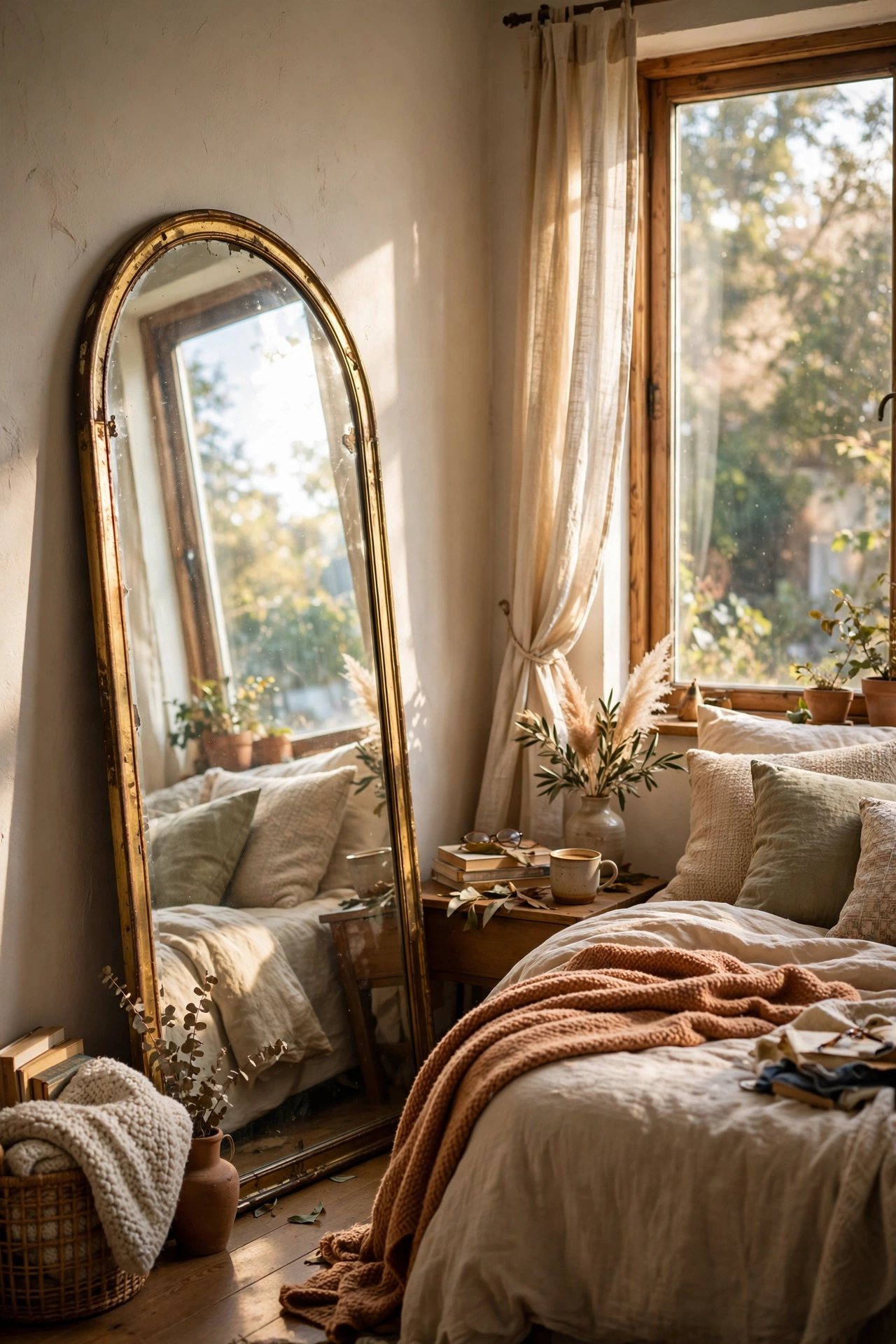 Thrifted arched mirror leaning by bedroom window