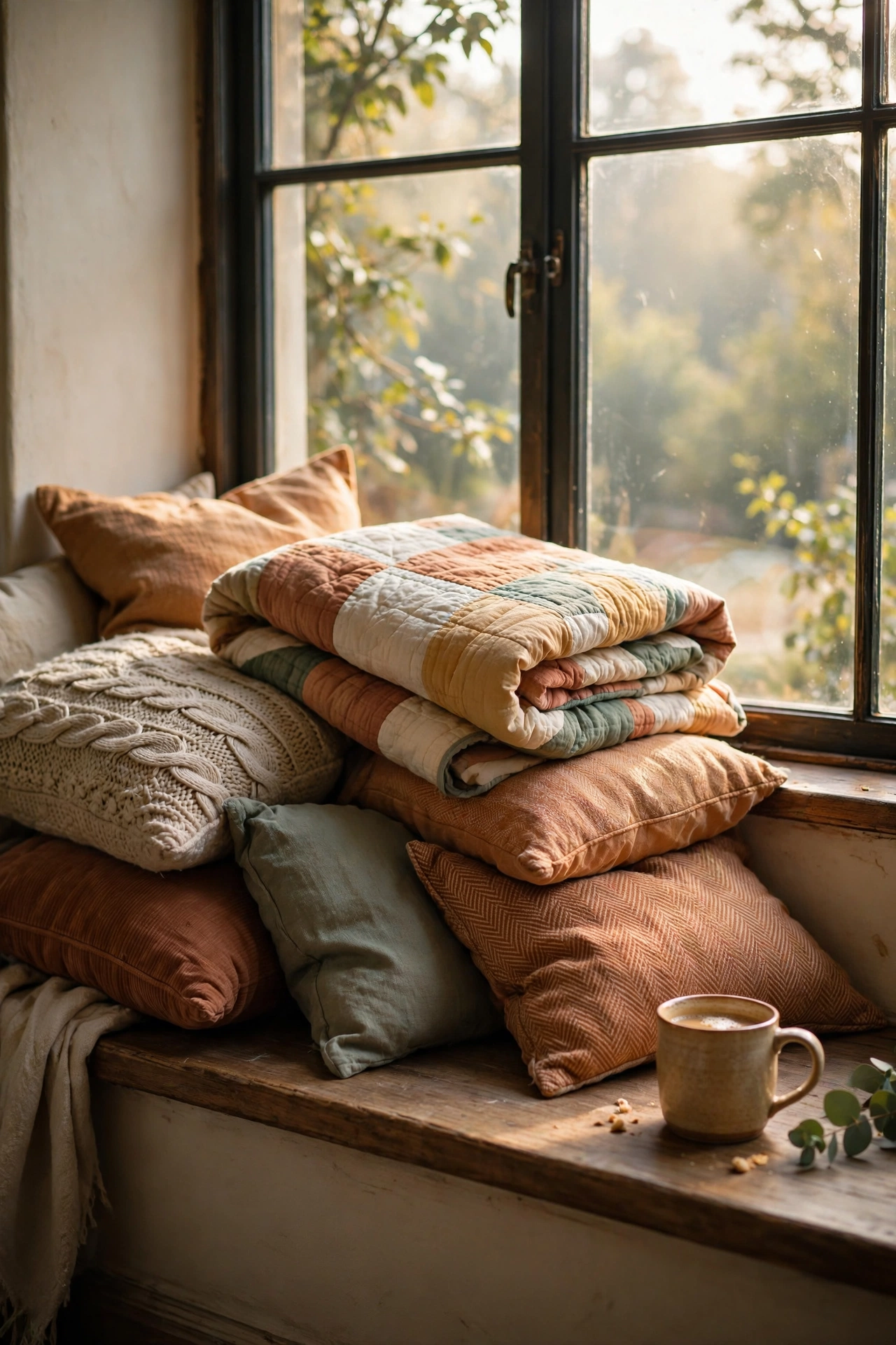 Cozy window seat made from piled pillows