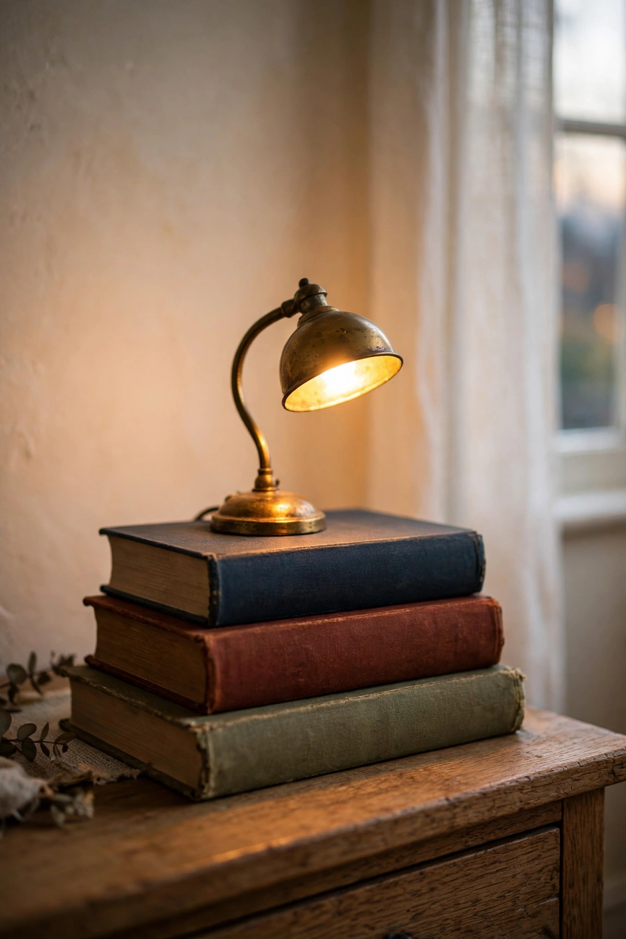Stacked books with brass reading lamp on nightstand