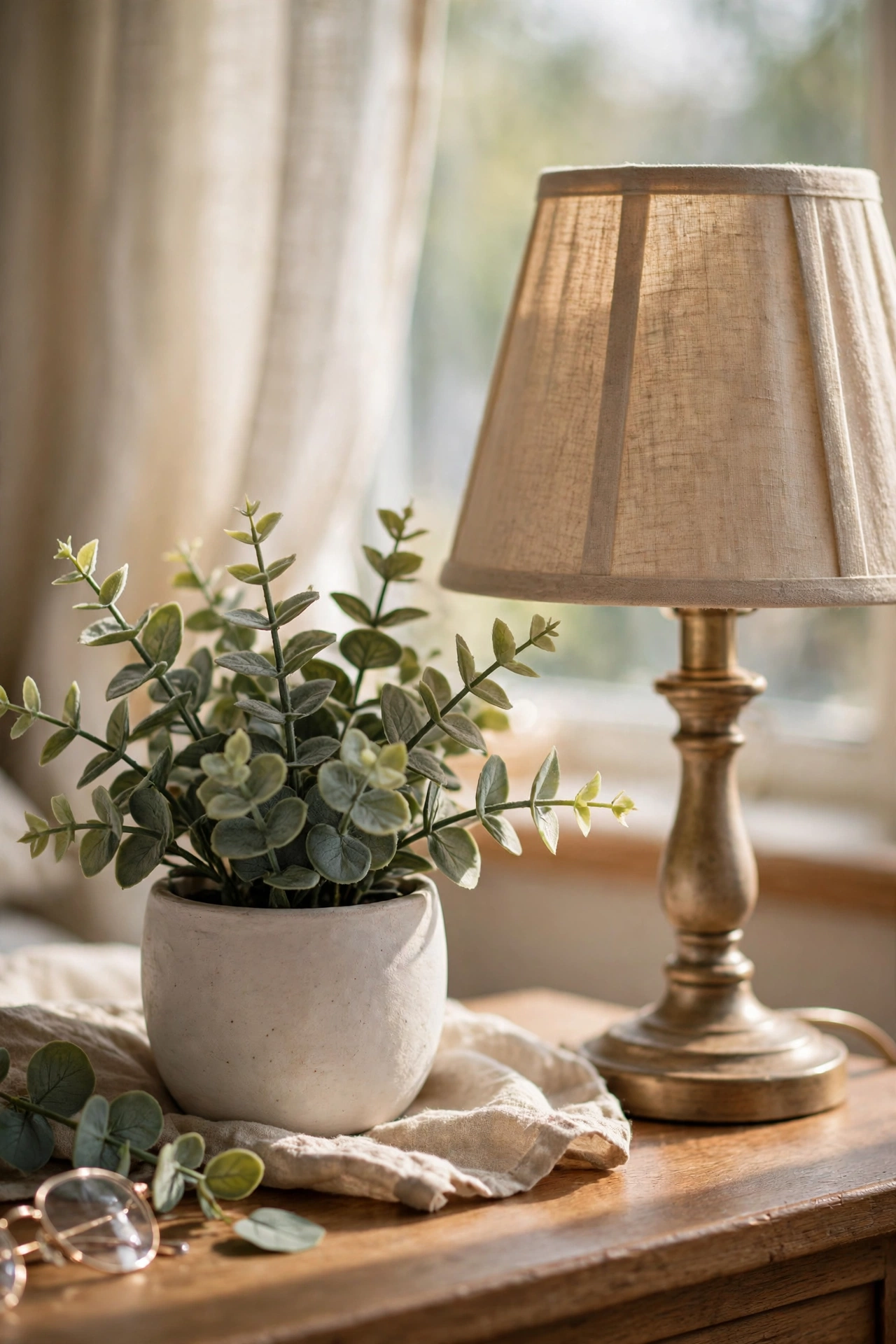 Small faux eucalyptus plant in white ceramic pot