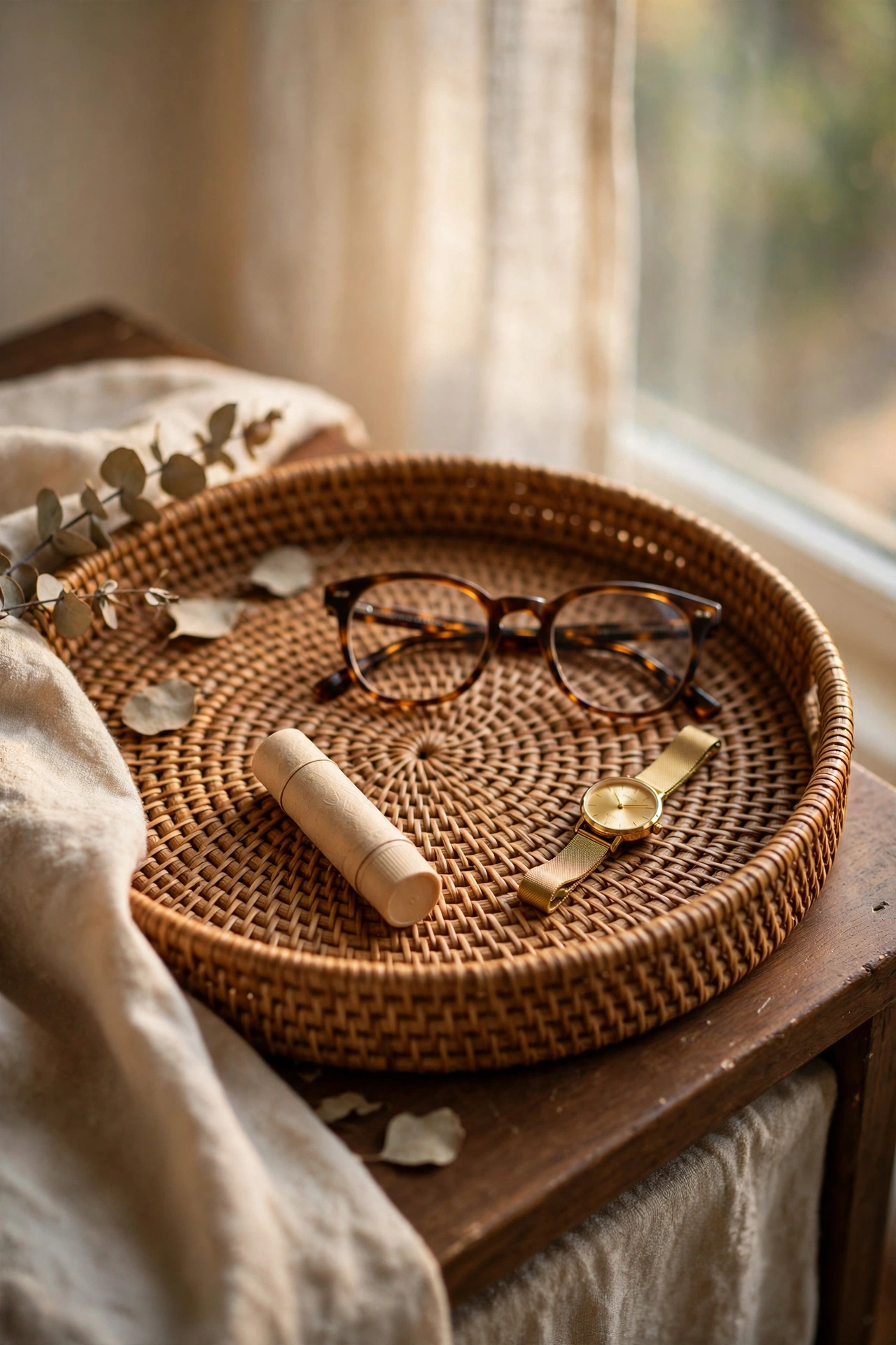 Round woven rattan tray organizing nightstand clutter