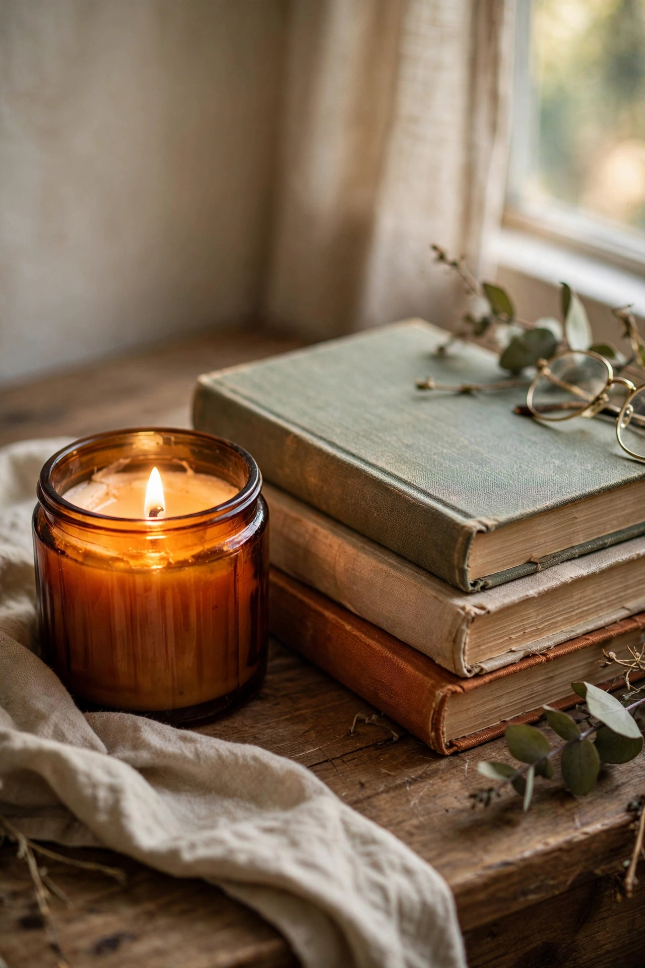 Scented candle in amber glass jar on nightstand
