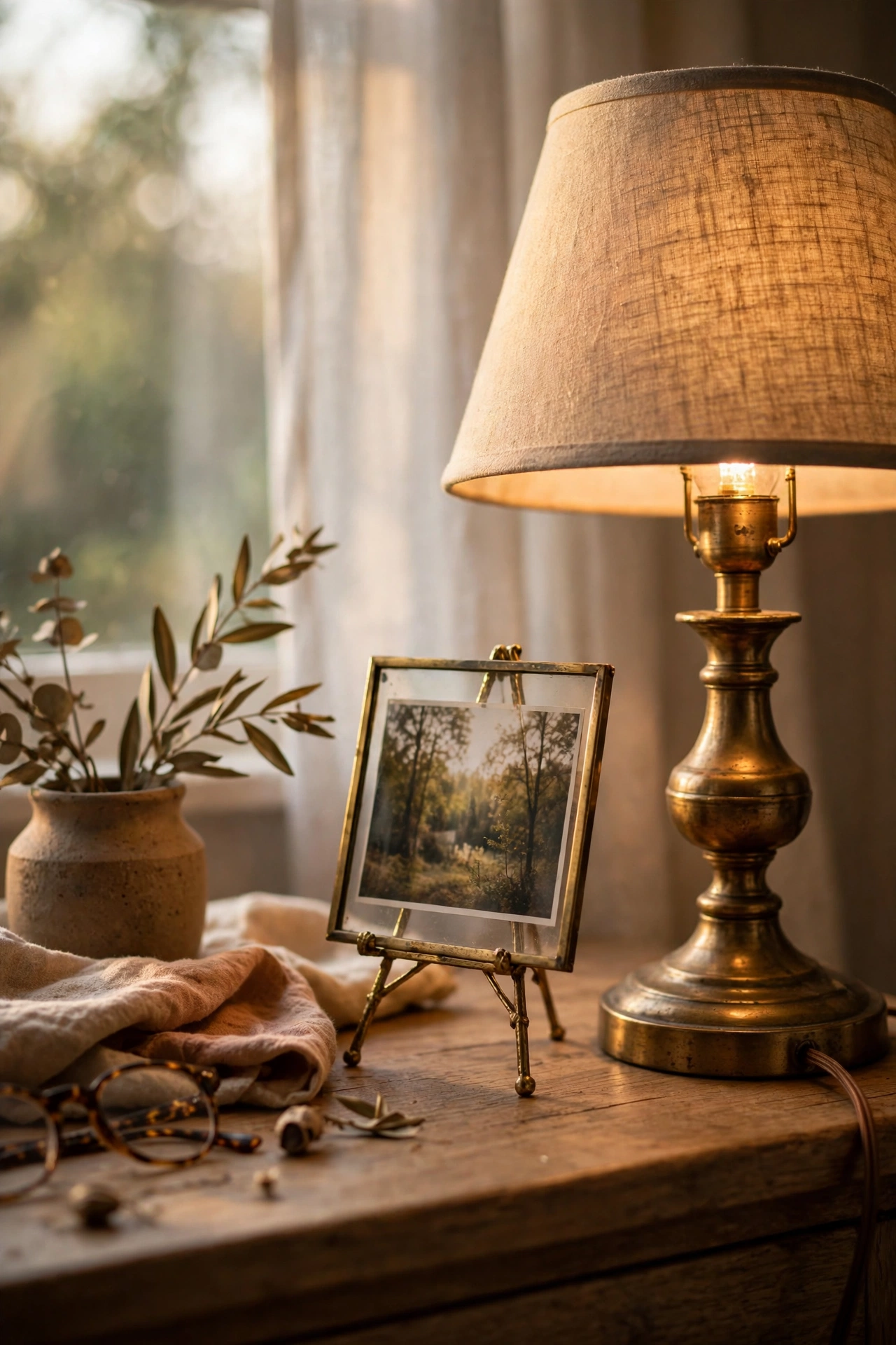 Mini framed photo on brass easel by the bed