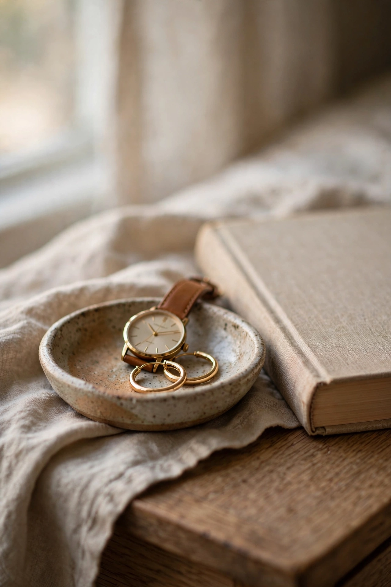 Ceramic catch-all dish holding jewelry on nightstand