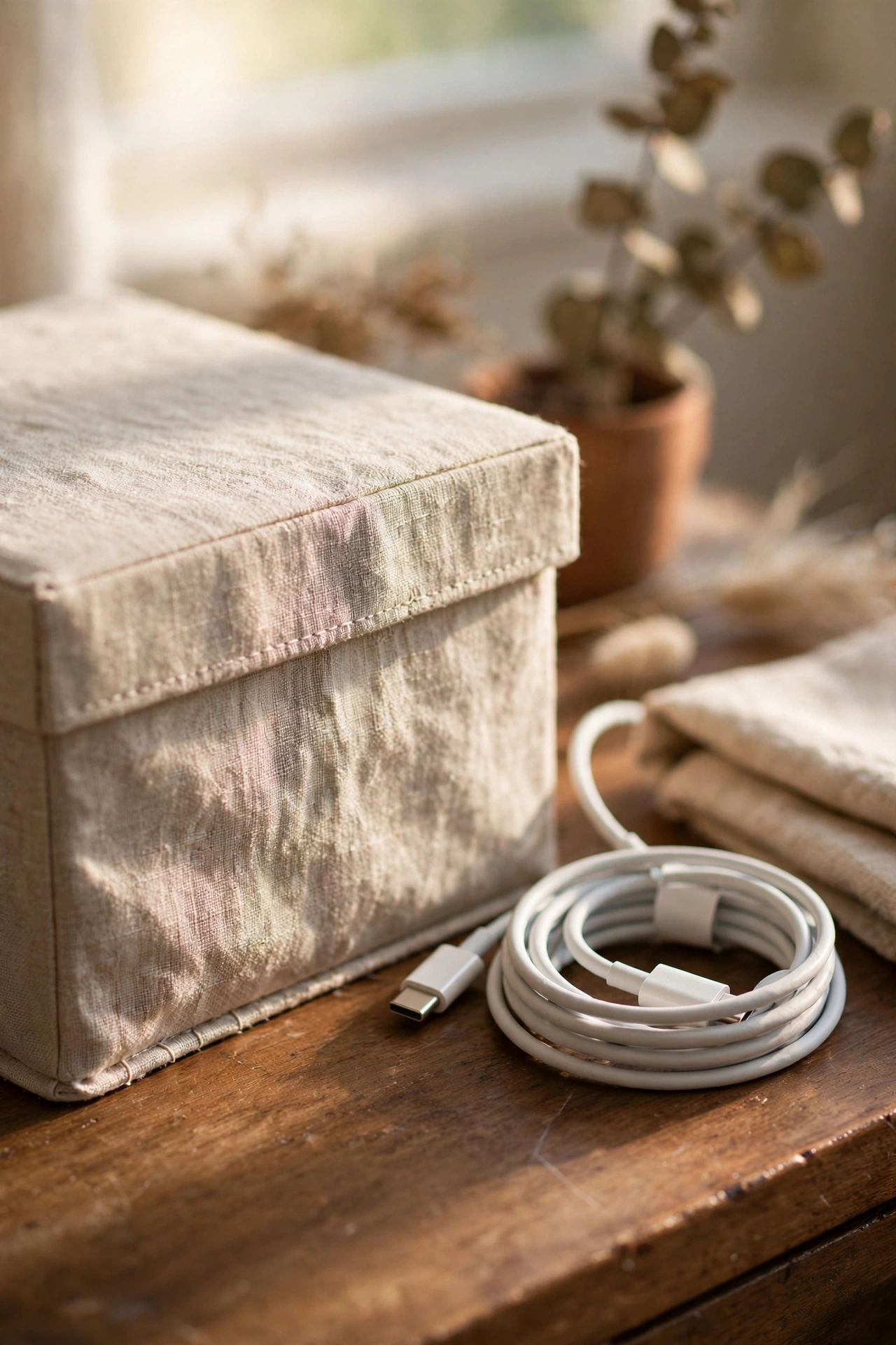 Linen-covered box hiding chargers on nightstand