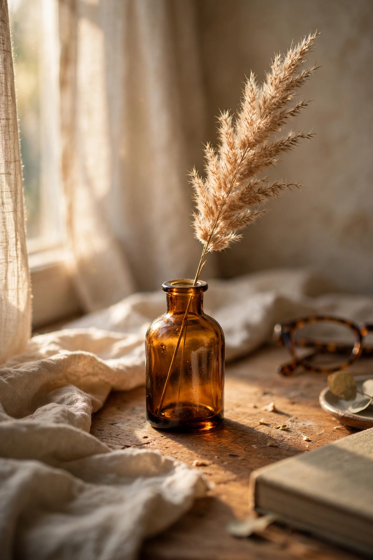 Bud vase with single dried pampas stem