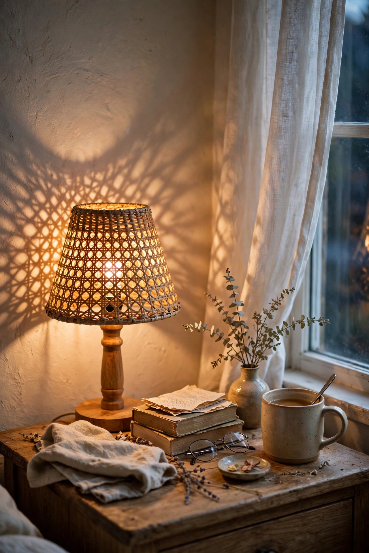 Small table lamp with woven rattan shade