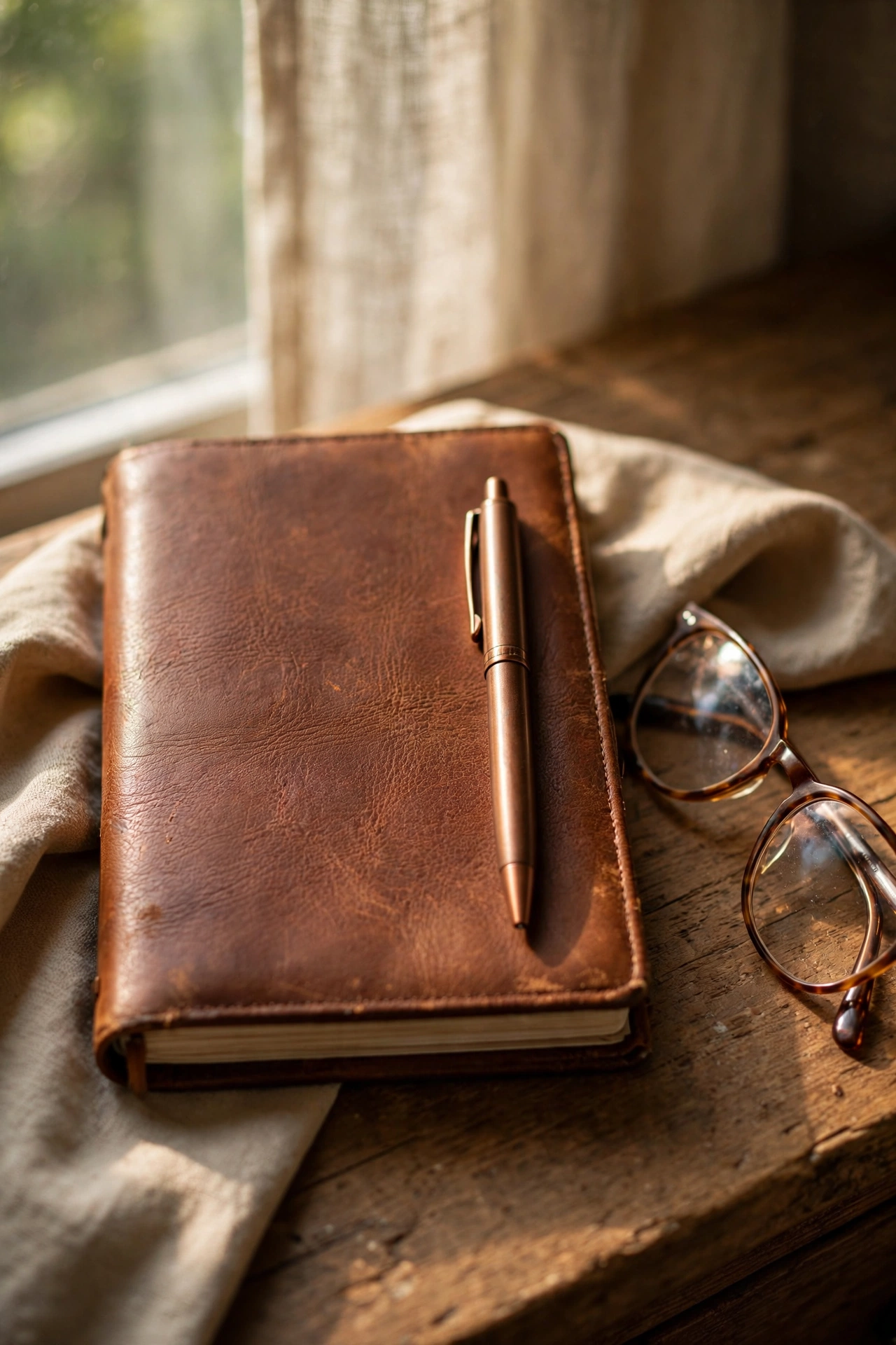 Faux leather journal and pen on nightstand