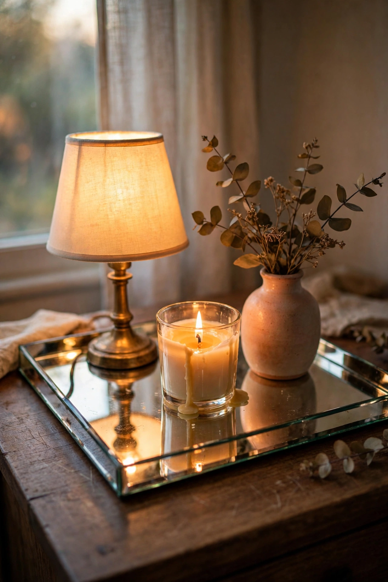 Mirrored tray reflecting lamplight on nightstand