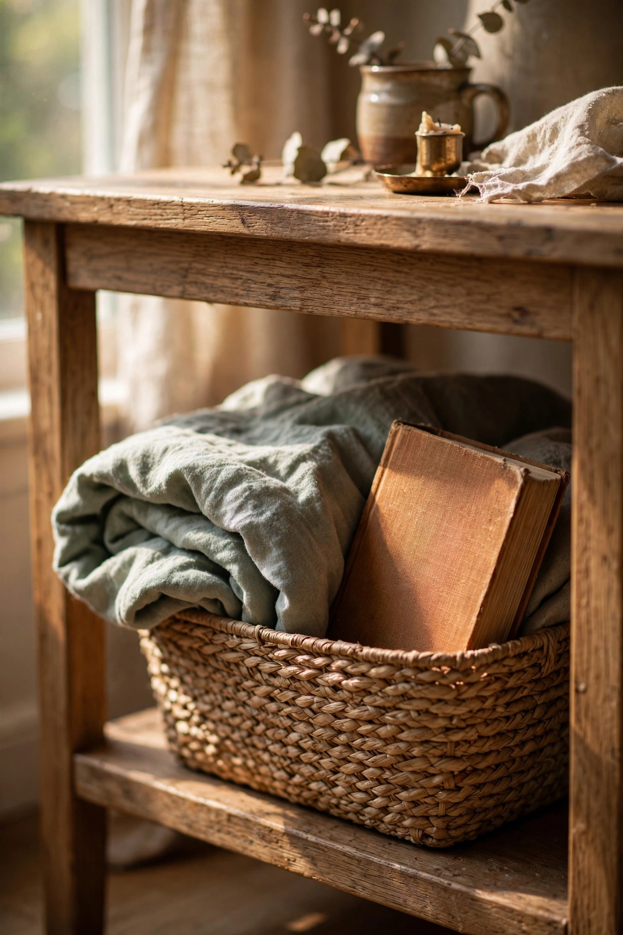 Woven seagrass basket on nightstand lower shelf