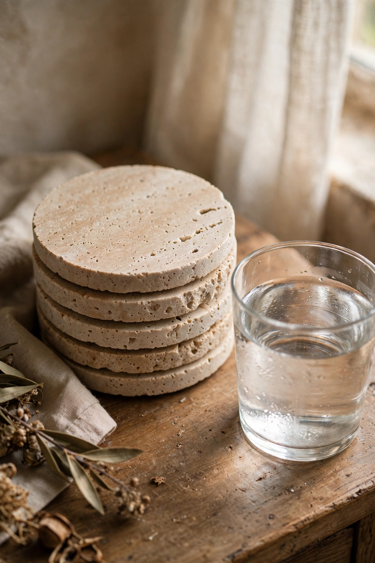 Stack of natural stone coasters in warm neutrals