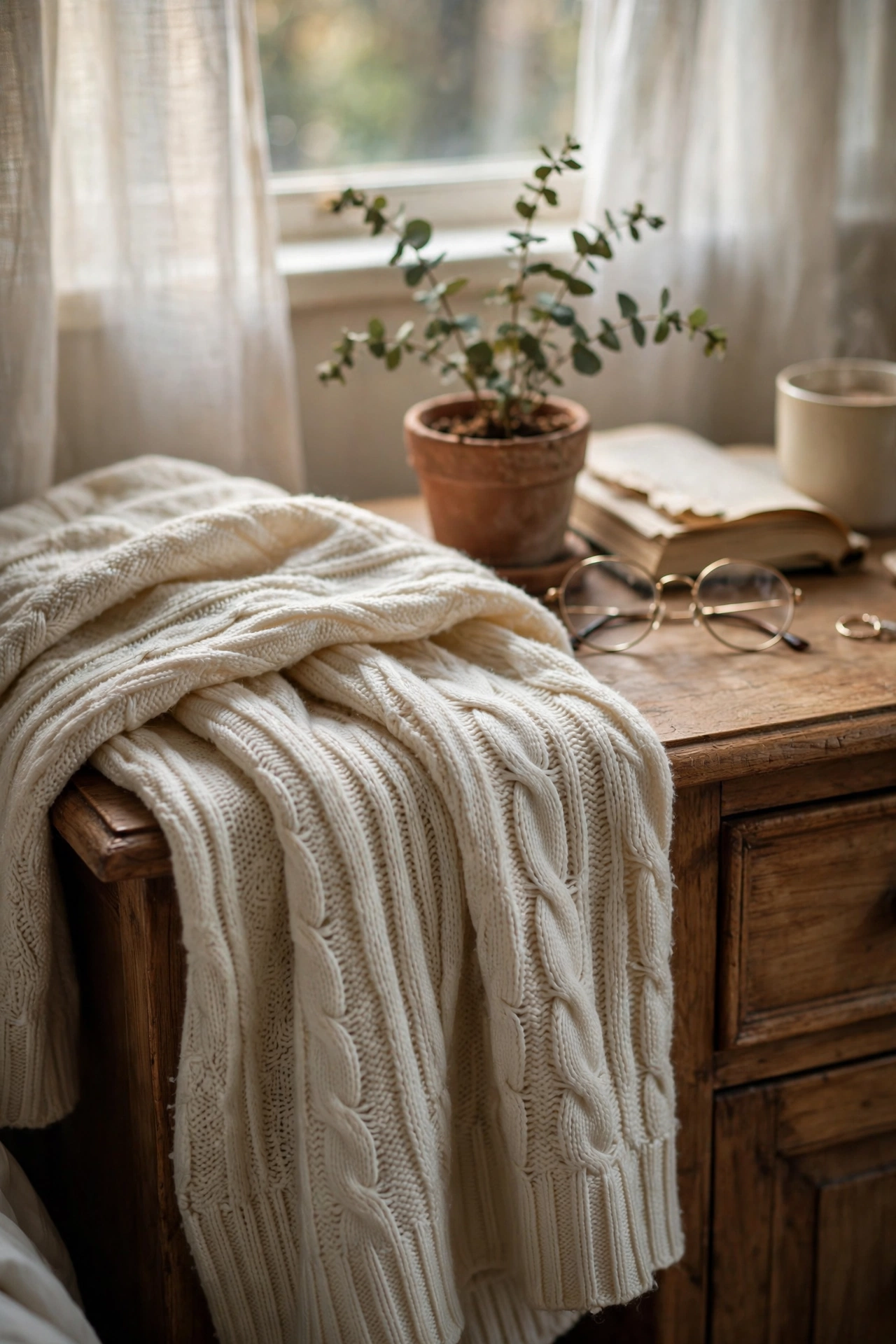 Folded knit throw draped over nightstand edge