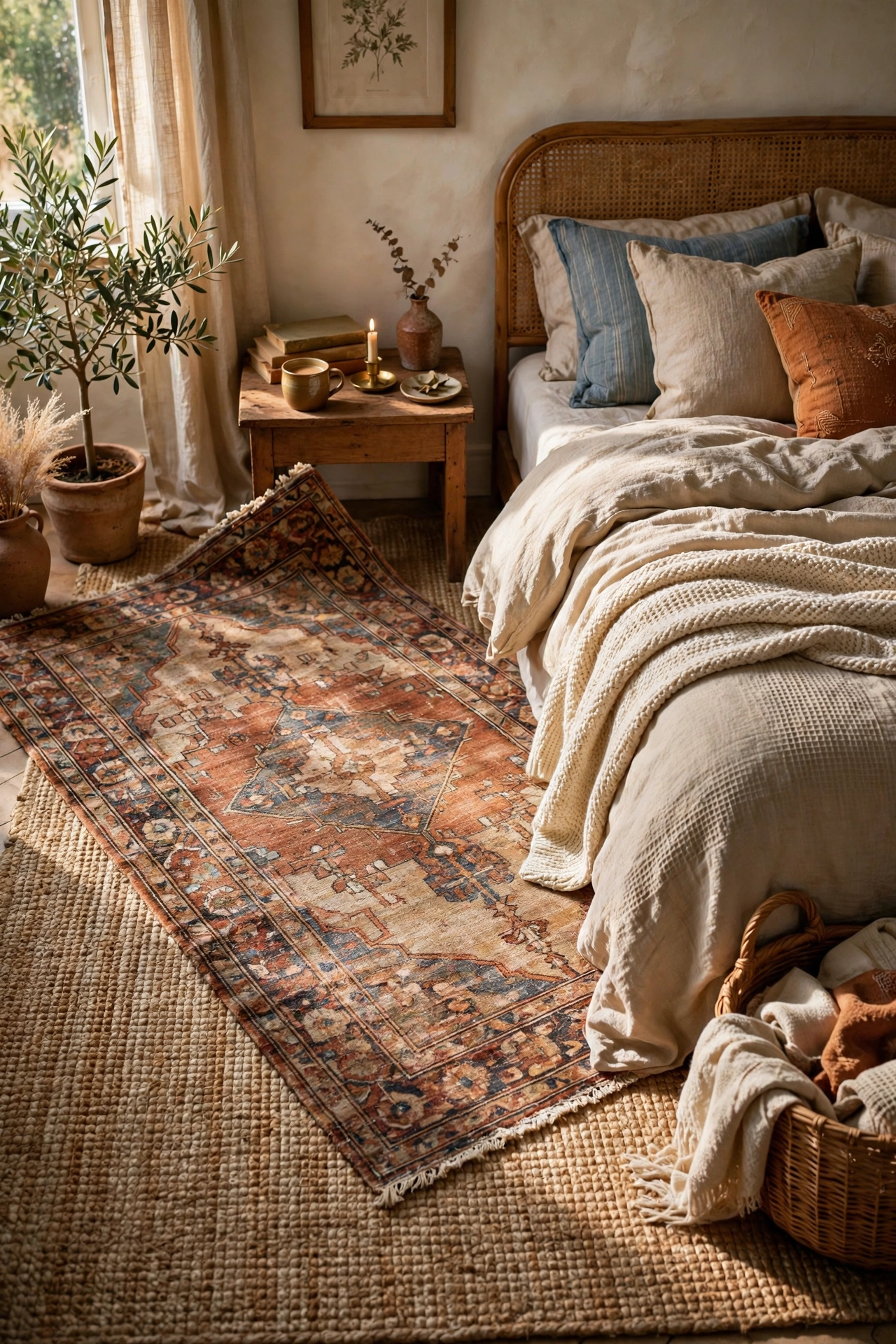 Patterned rug layered over large jute rug
