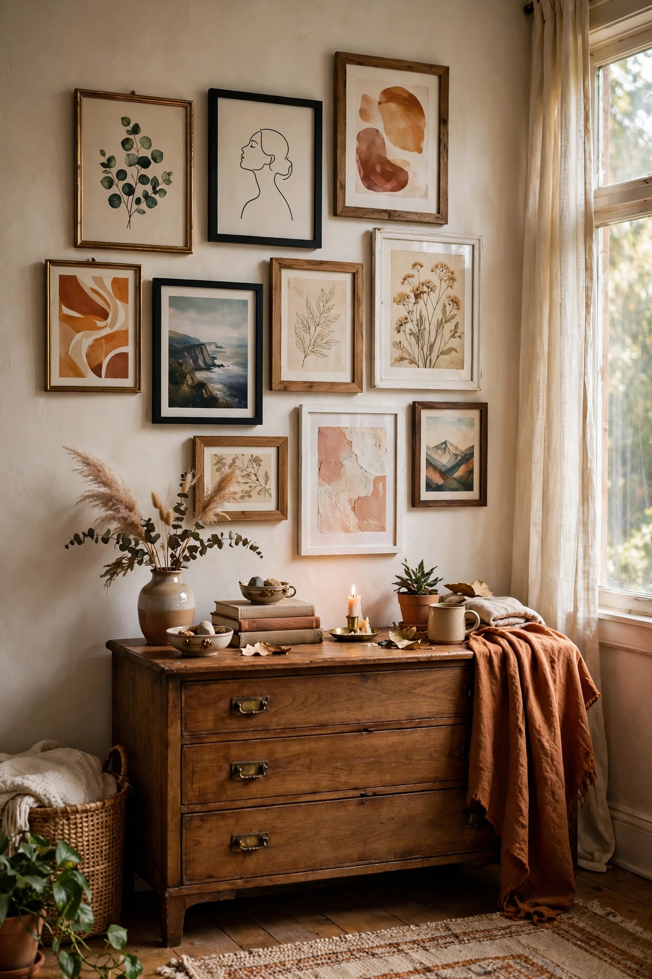 Gallery wall with mismatched brass and wood frames