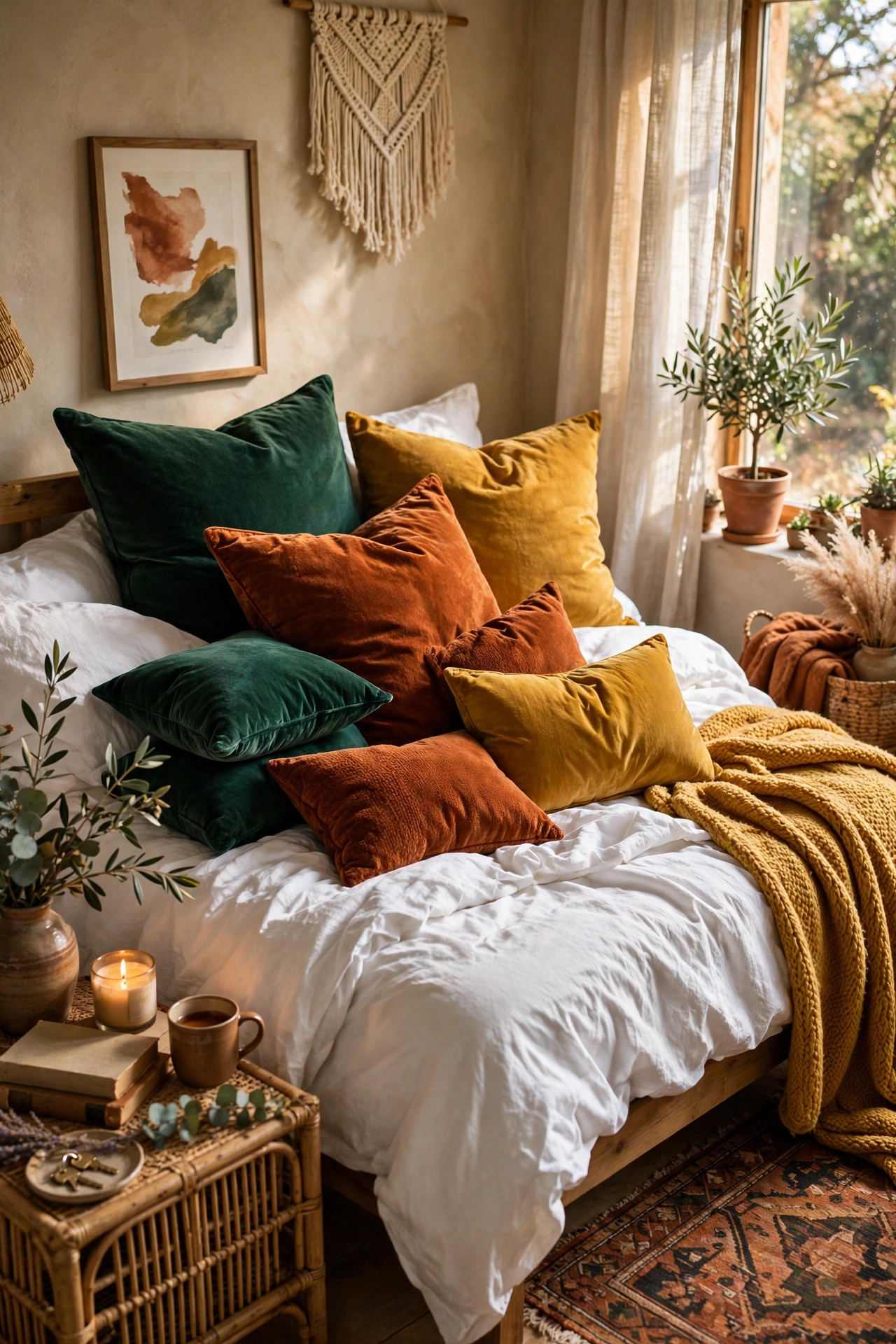 Jewel-tone velvet pillows on crisp white bedding