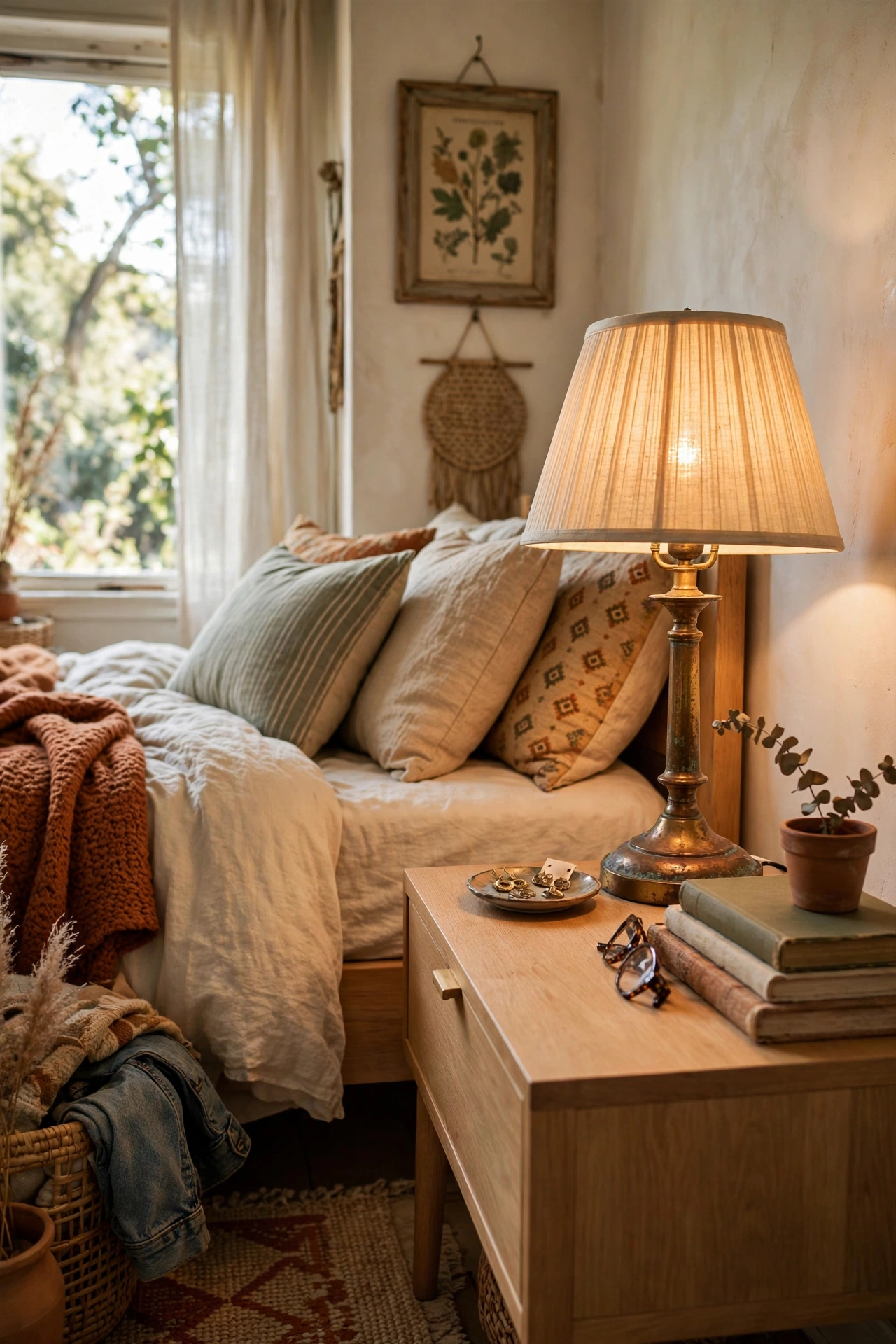 Vintage brass lamp on modern nightstand