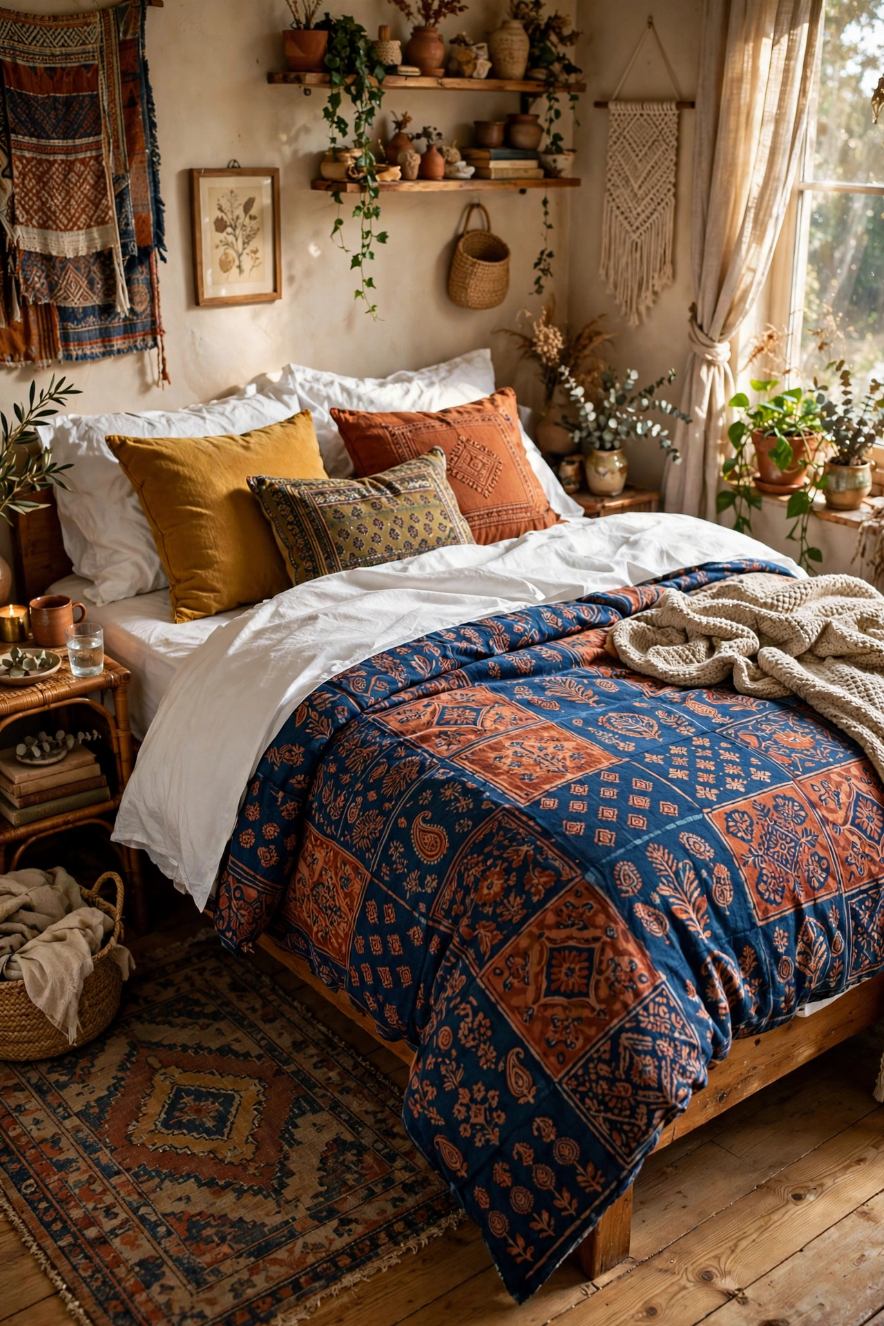 Bold block-print duvet with solid white sheets
