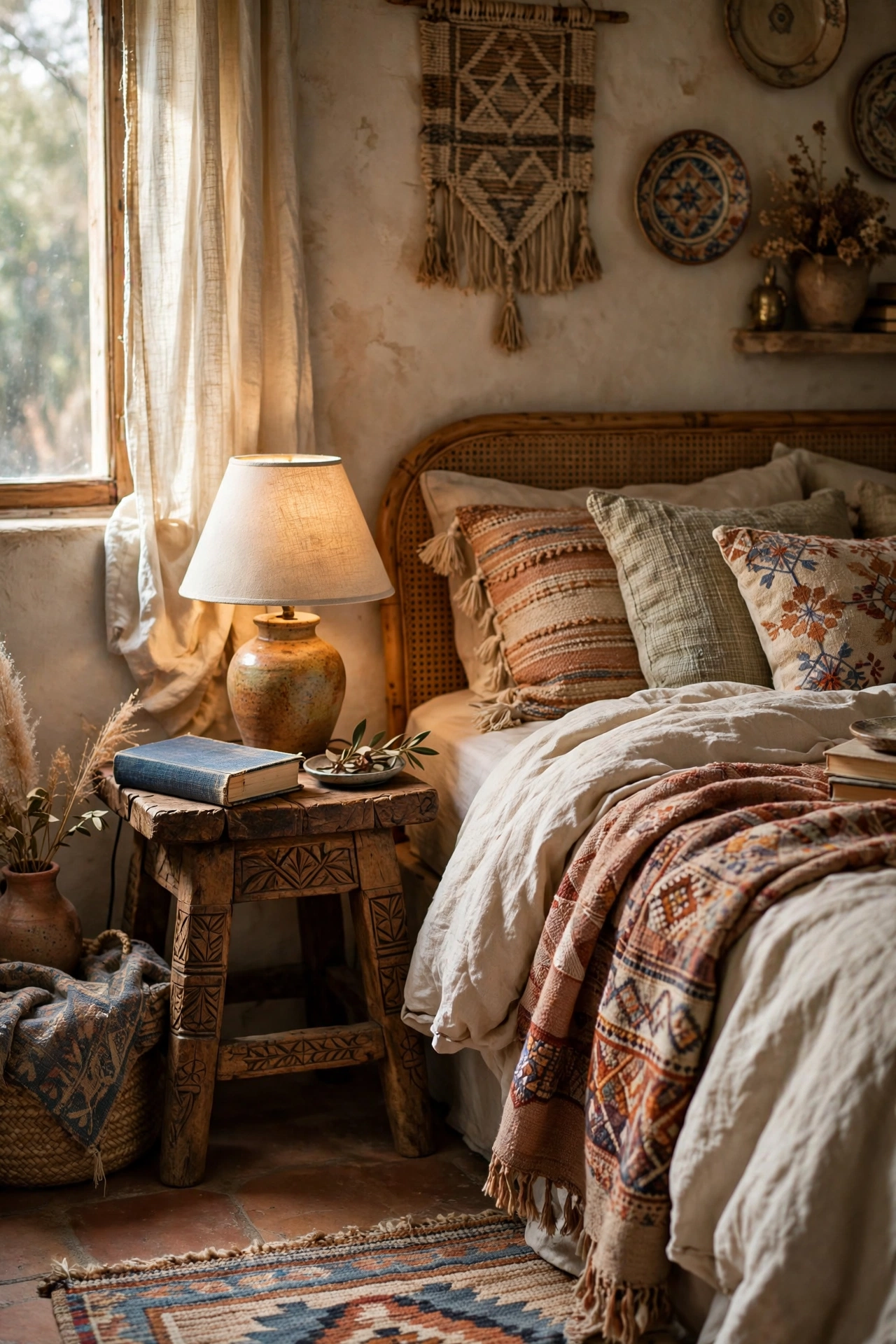 Carved wooden stool used as eclectic nightstand