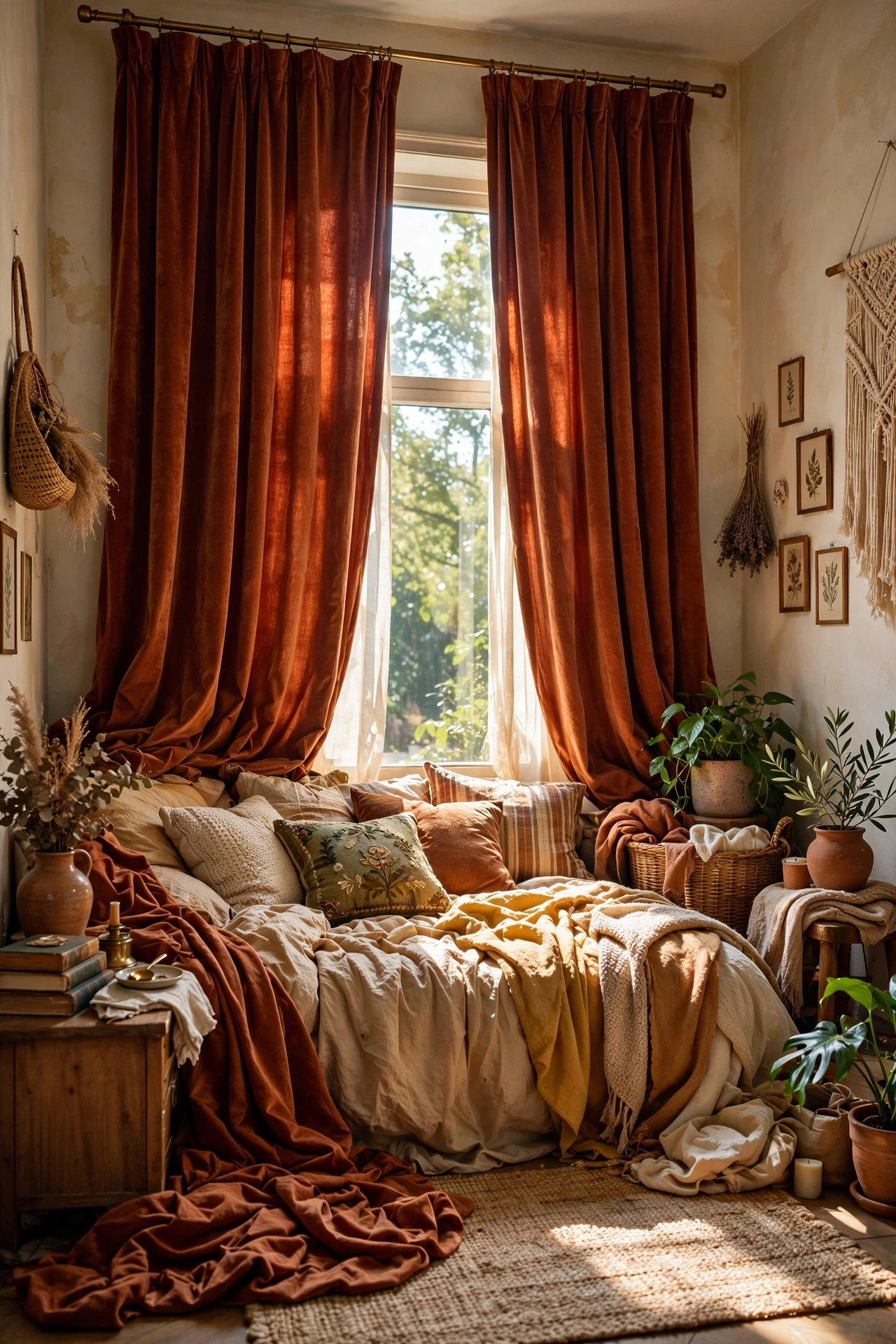 Floor-length heavy curtains framing bedroom window