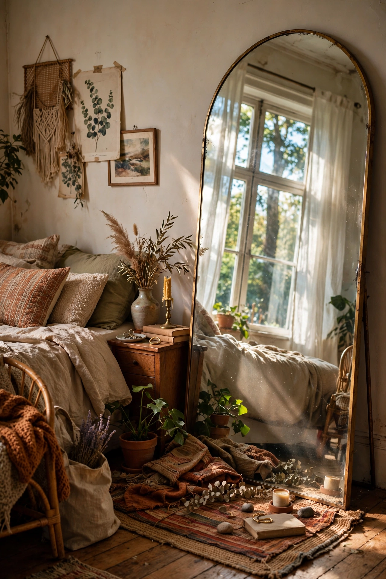 Oversized arched mirror propped against bedroom wall