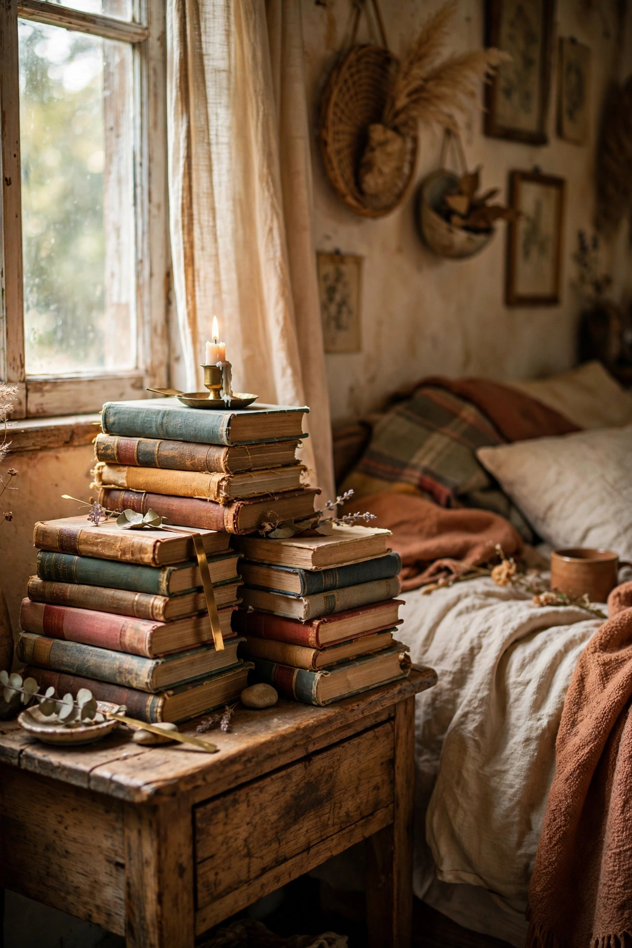 Stacks of vintage cloth-bound books on nightstands