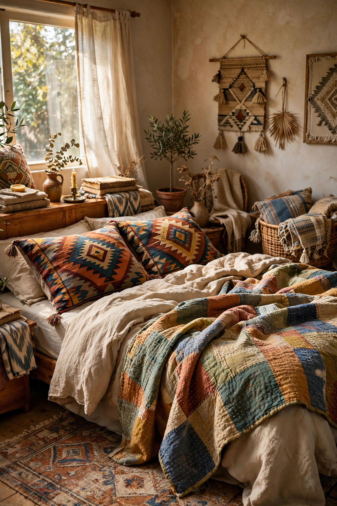 Kilim pillows and kantha throw on eclectic bed