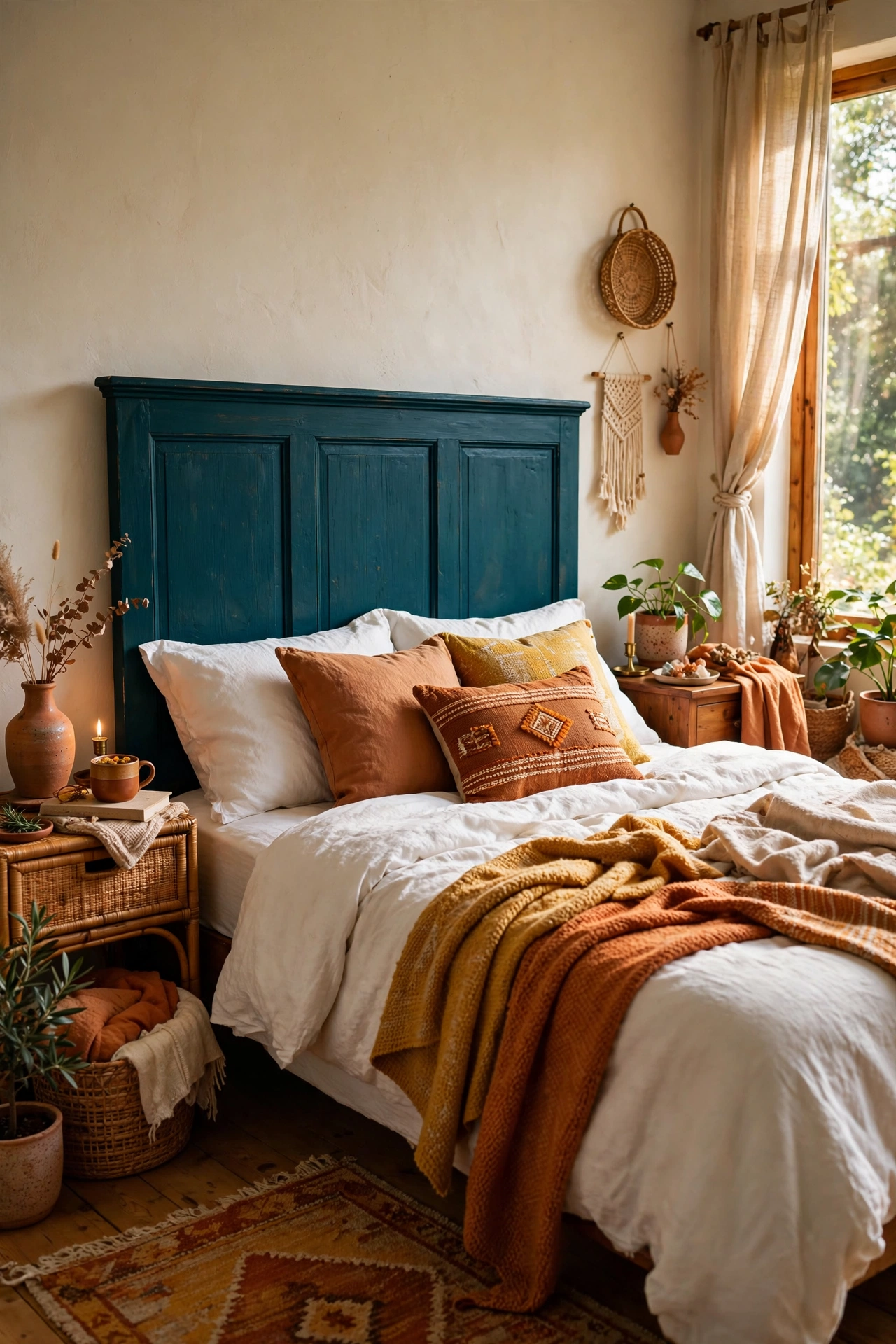 Bedroom with bold deep teal painted headboard
