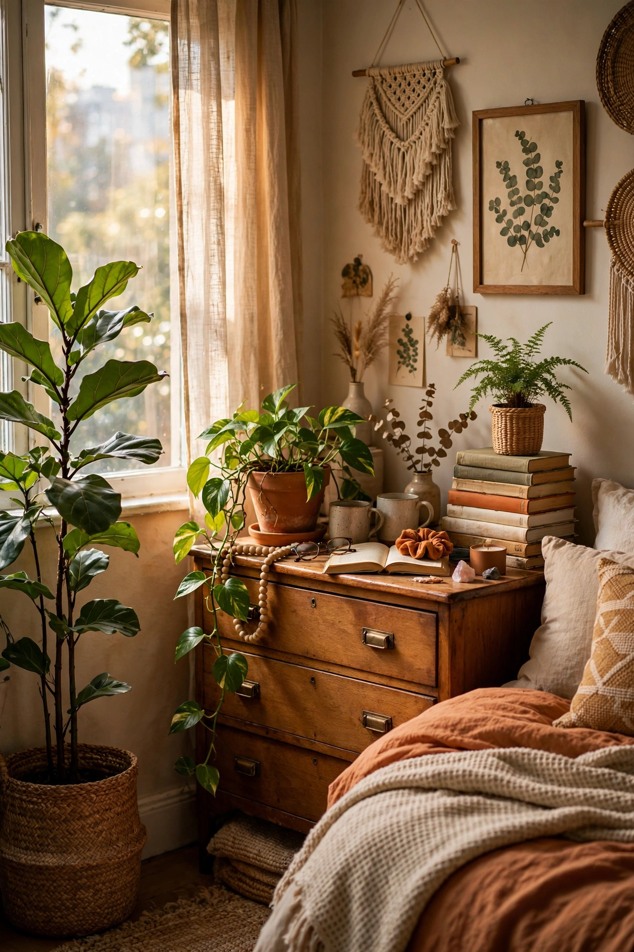 Bedroom plants grouped at three different heights