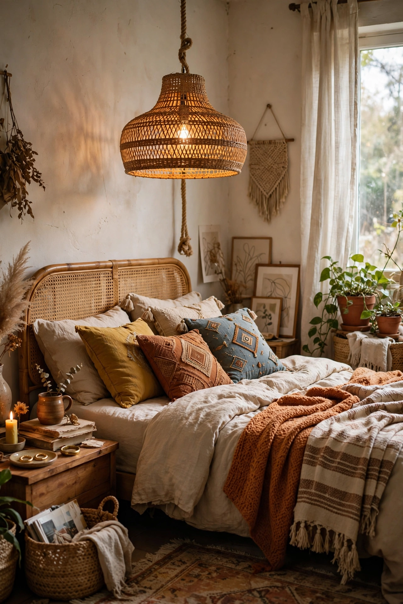 Woven rattan pendant light over eclectic bed