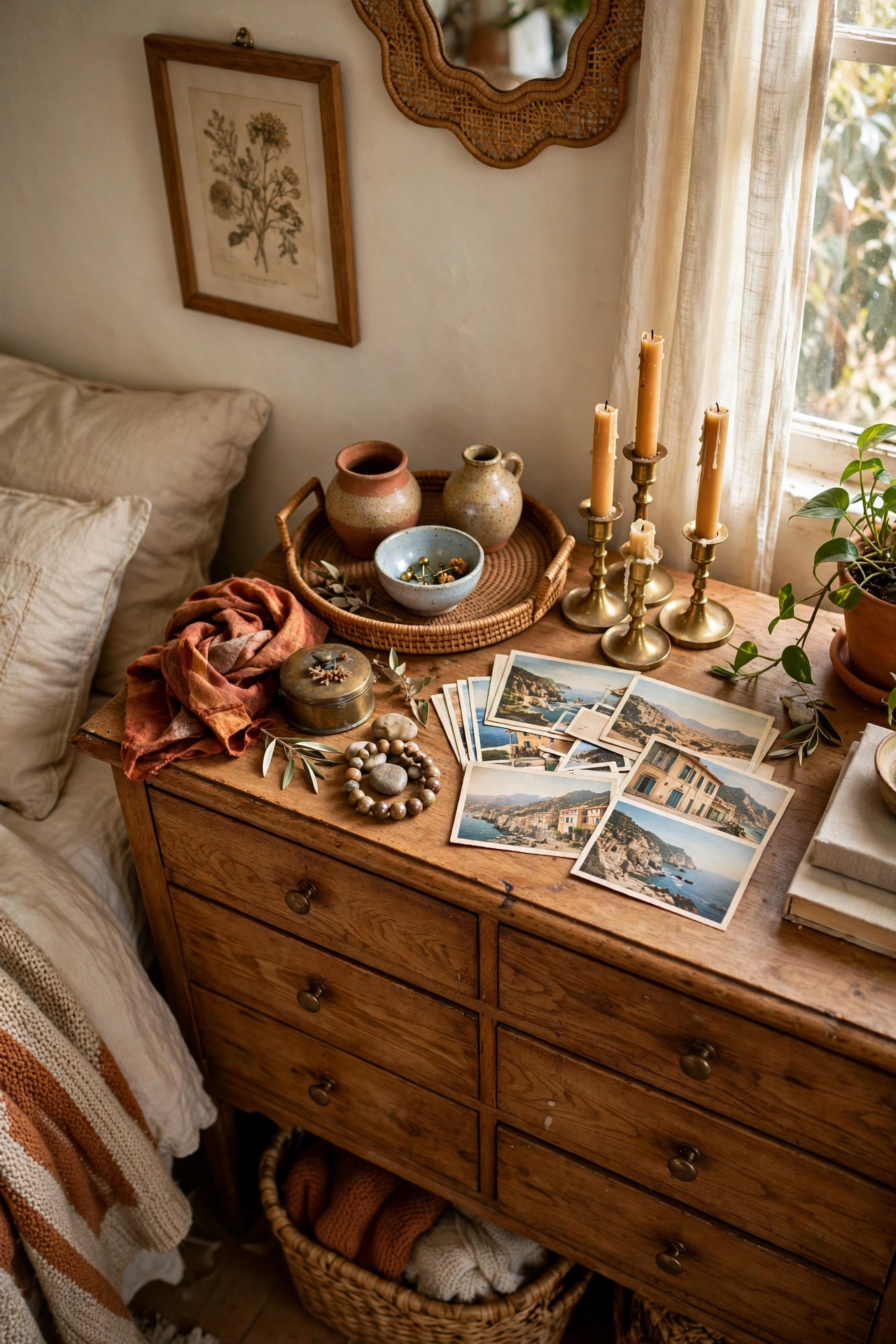 Curated personal collections displayed on dresser