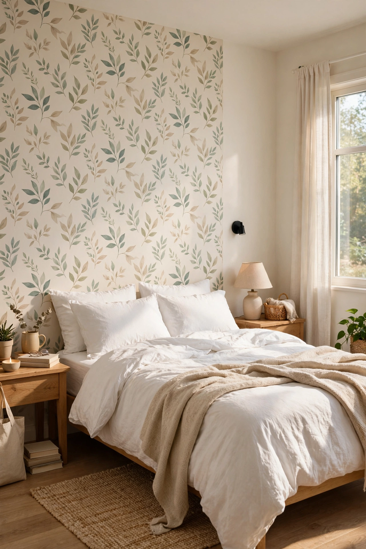 Peel and stick wallpaper accent wall behind a bed