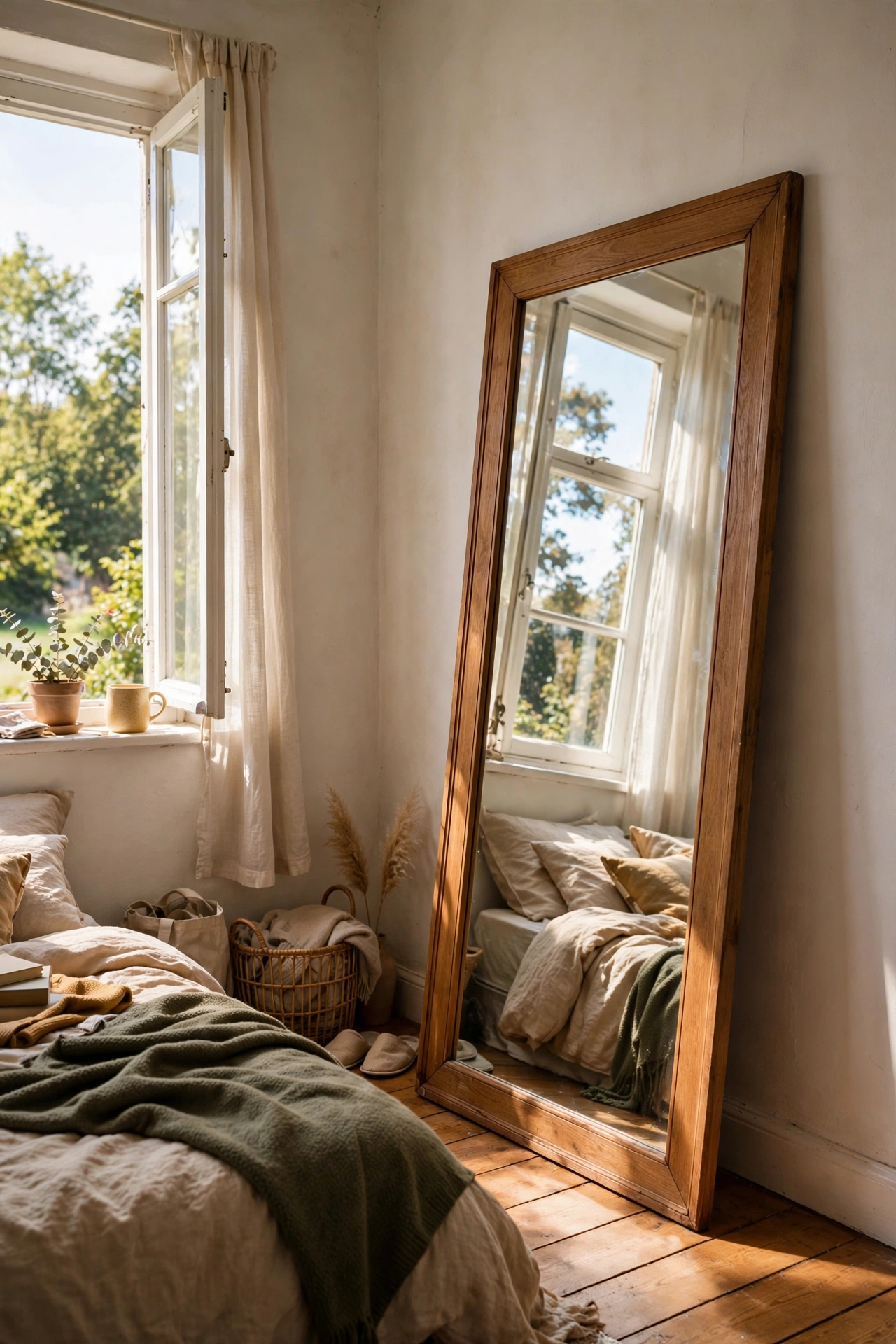 Large leaning floor mirror in a small rental bedroom