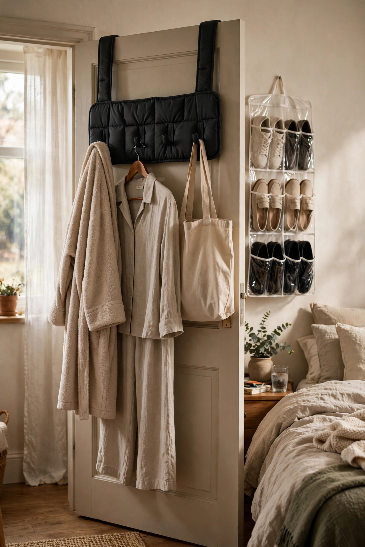Over the door hook rack holding robe and bags