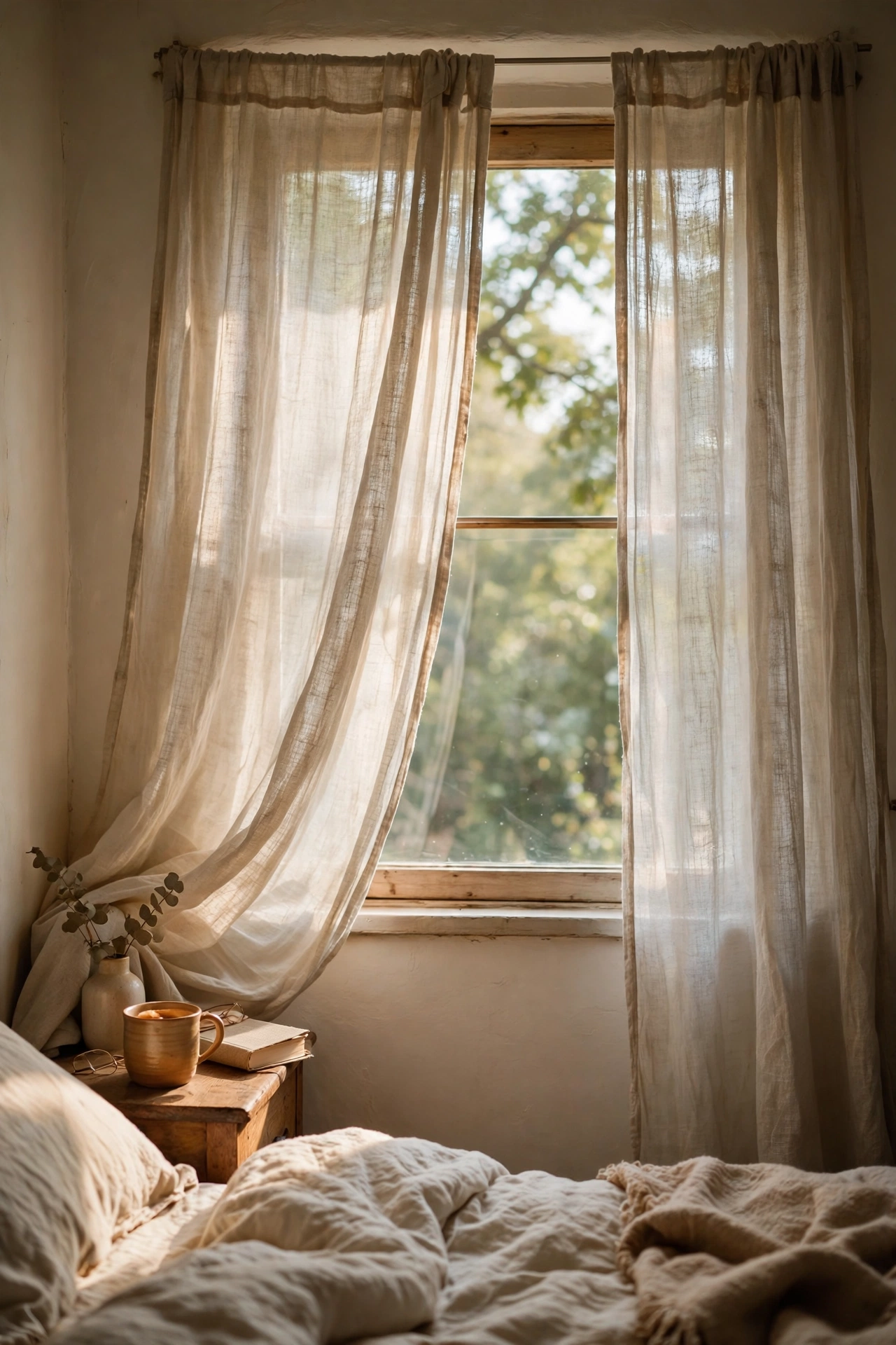 Linen curtains hung on a tension rod in a rental window