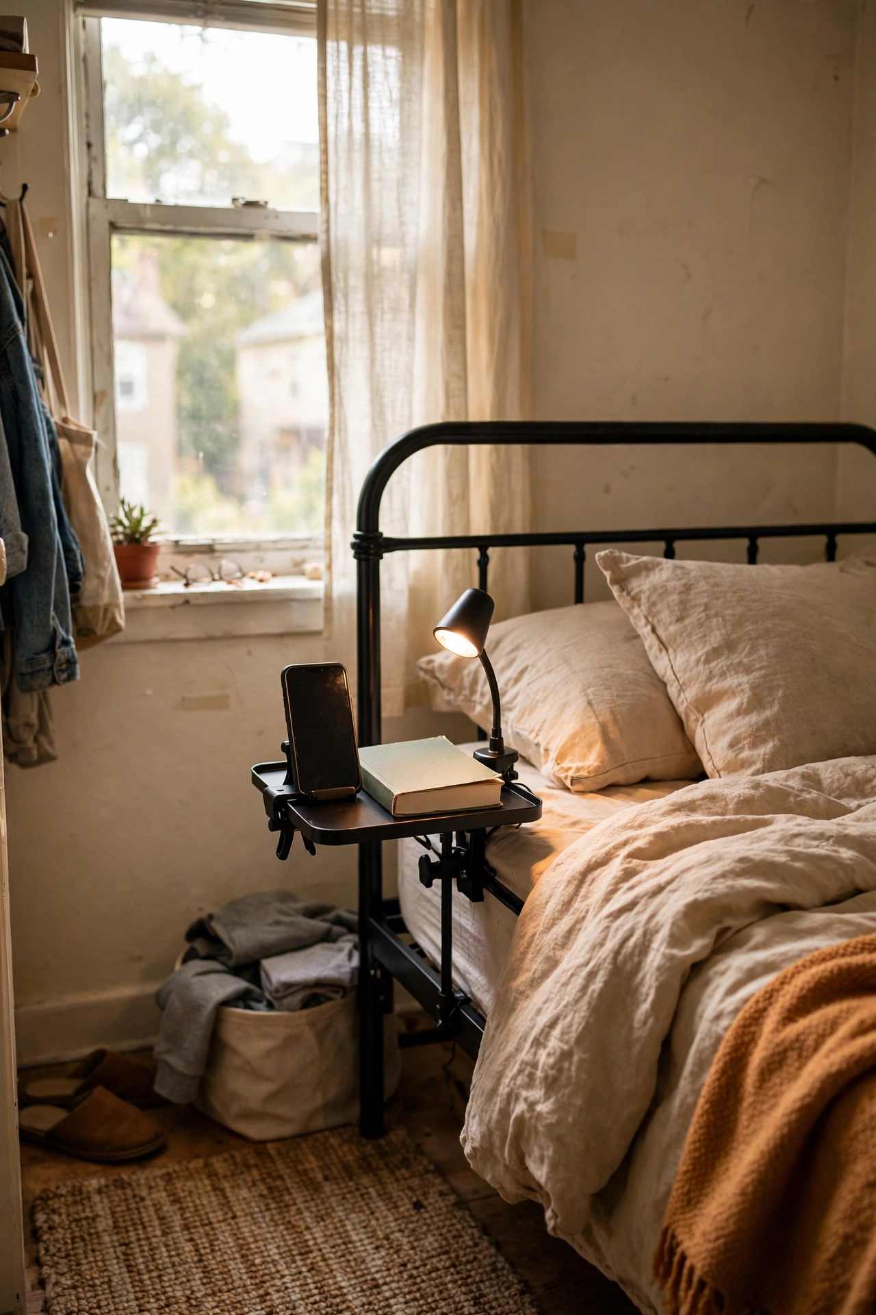 Clip-on bedside shelf attached to a bed frame