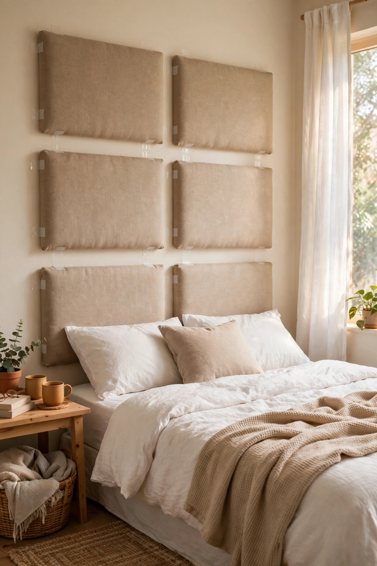 DIY fabric wrapped foam headboard panels behind a bed