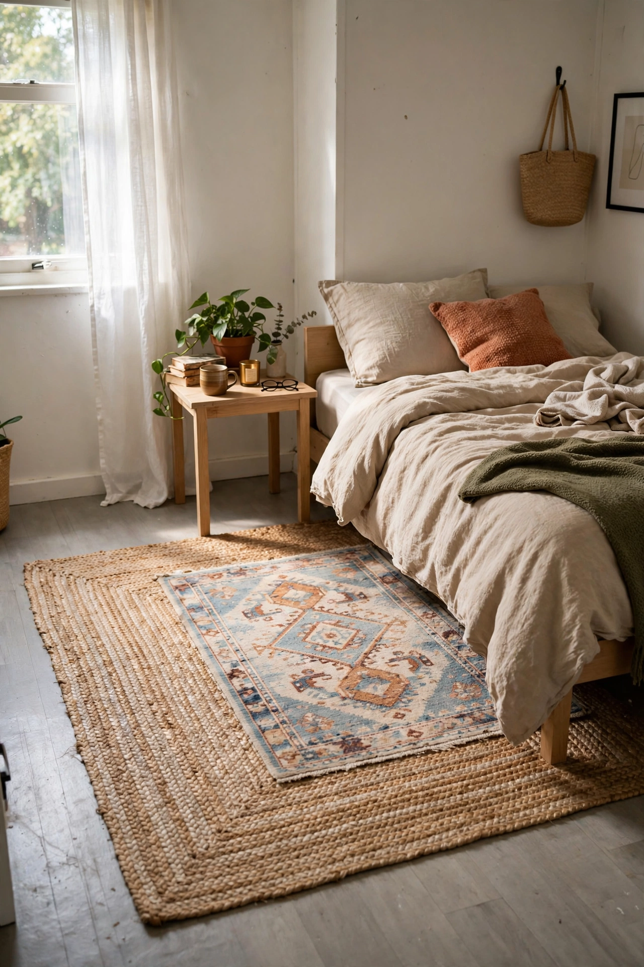 Layered jute and soft rugs in a rental bedroom