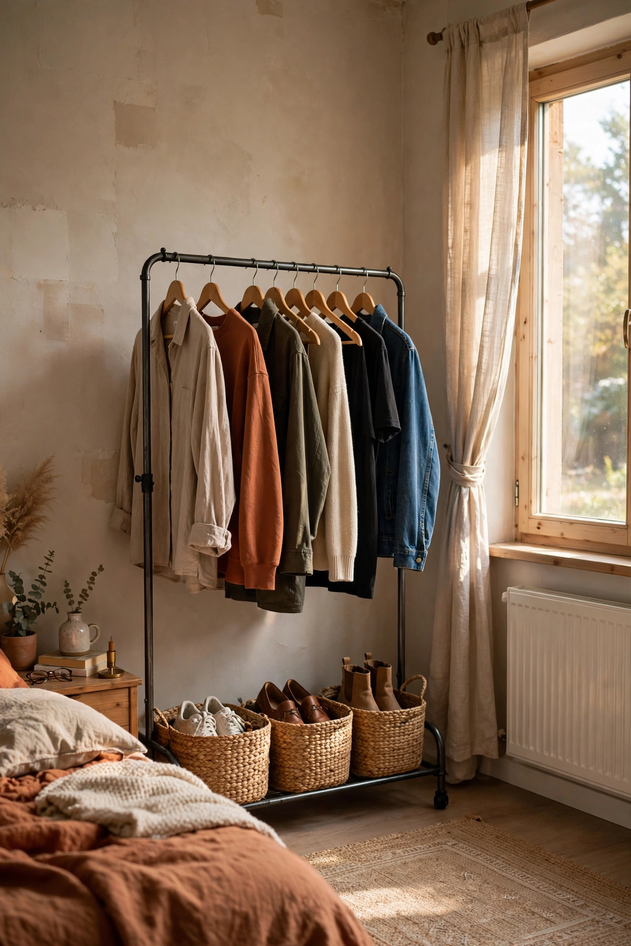 Freestanding garment rack as an open rental wardrobe