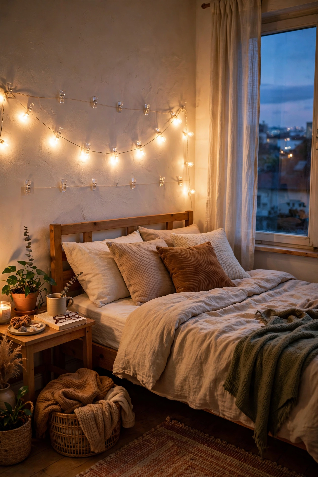 Warm string lights clipped along a rental headboard wall