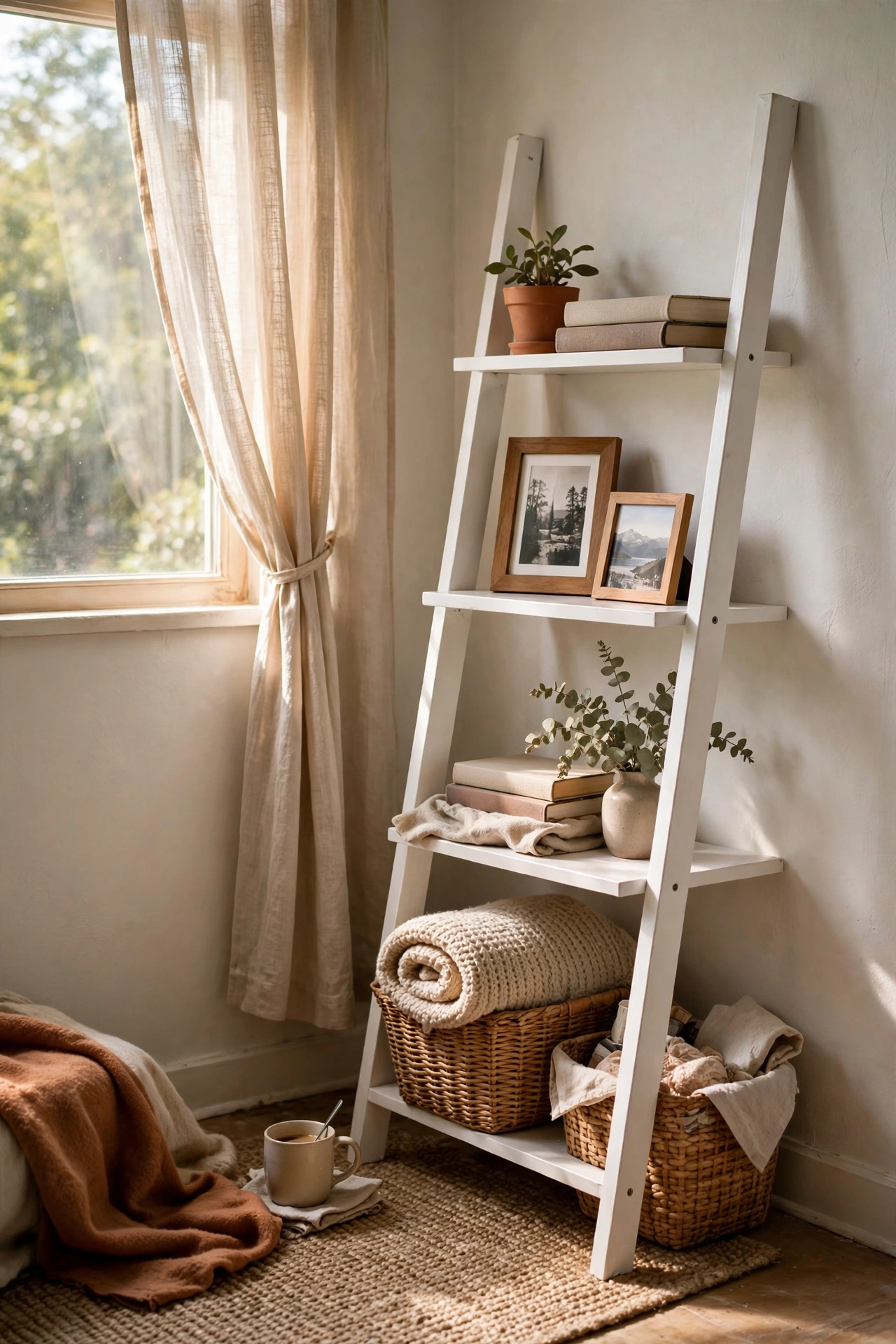 White leaning ladder shelf styled with books and plants