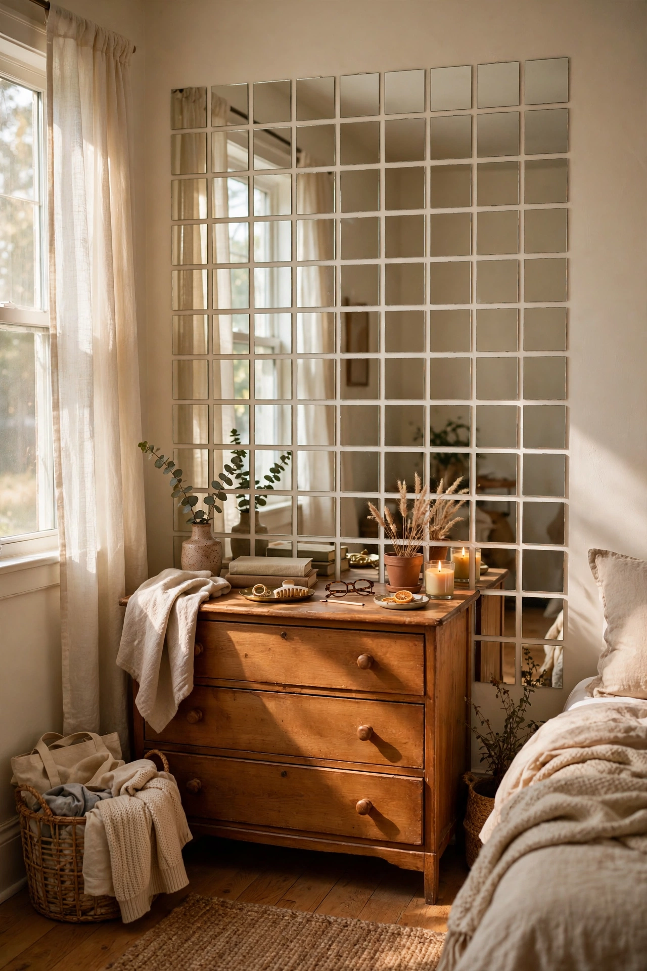 Peel and stick mirror tiles arranged behind a dresser