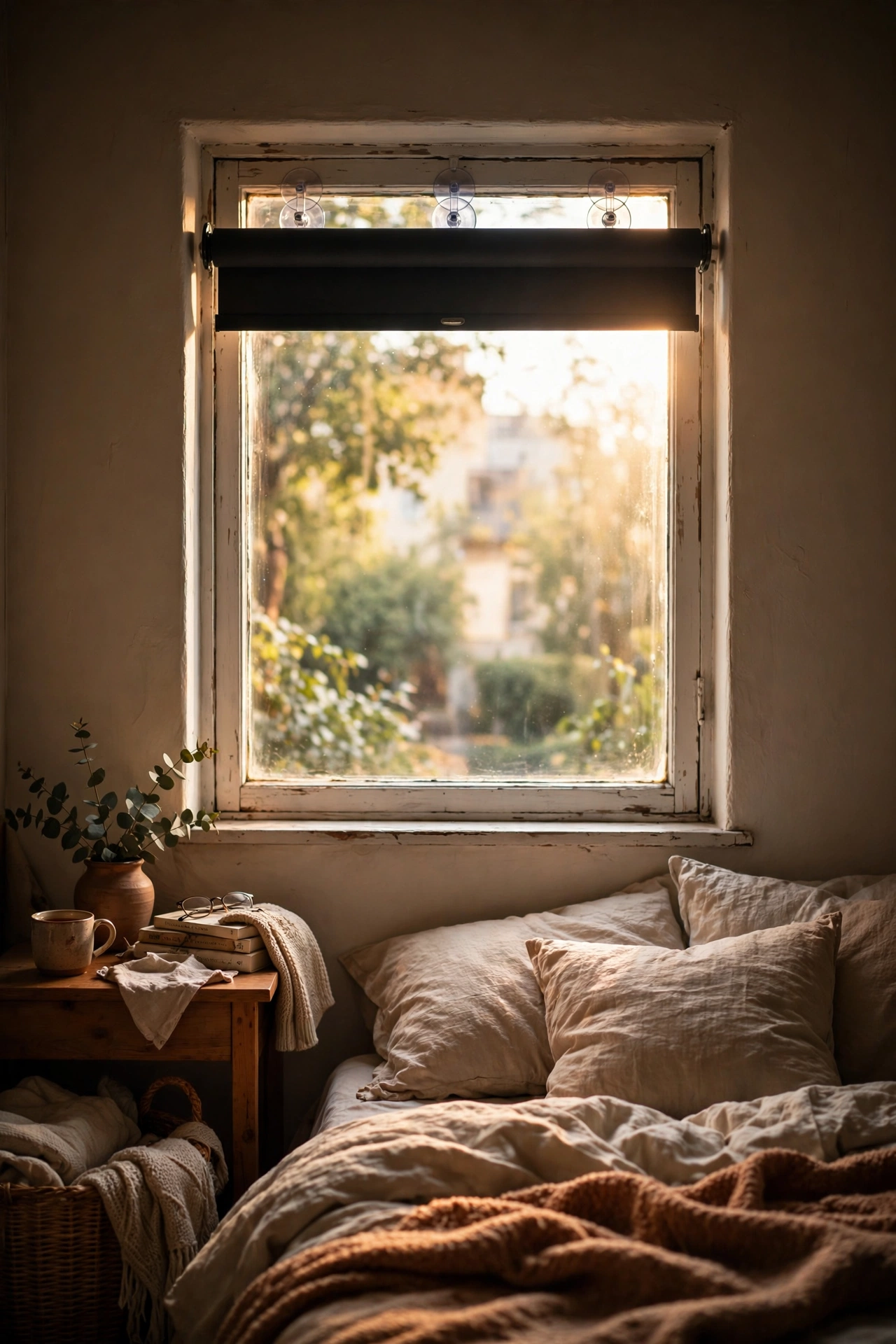 Portable blackout shade with suction cups on a window