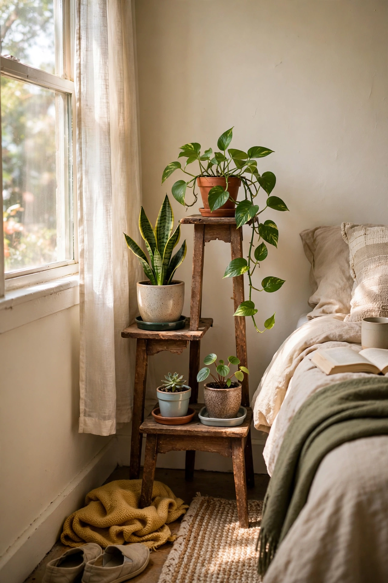 Plant corner with pothos and snake plants in a bedroom