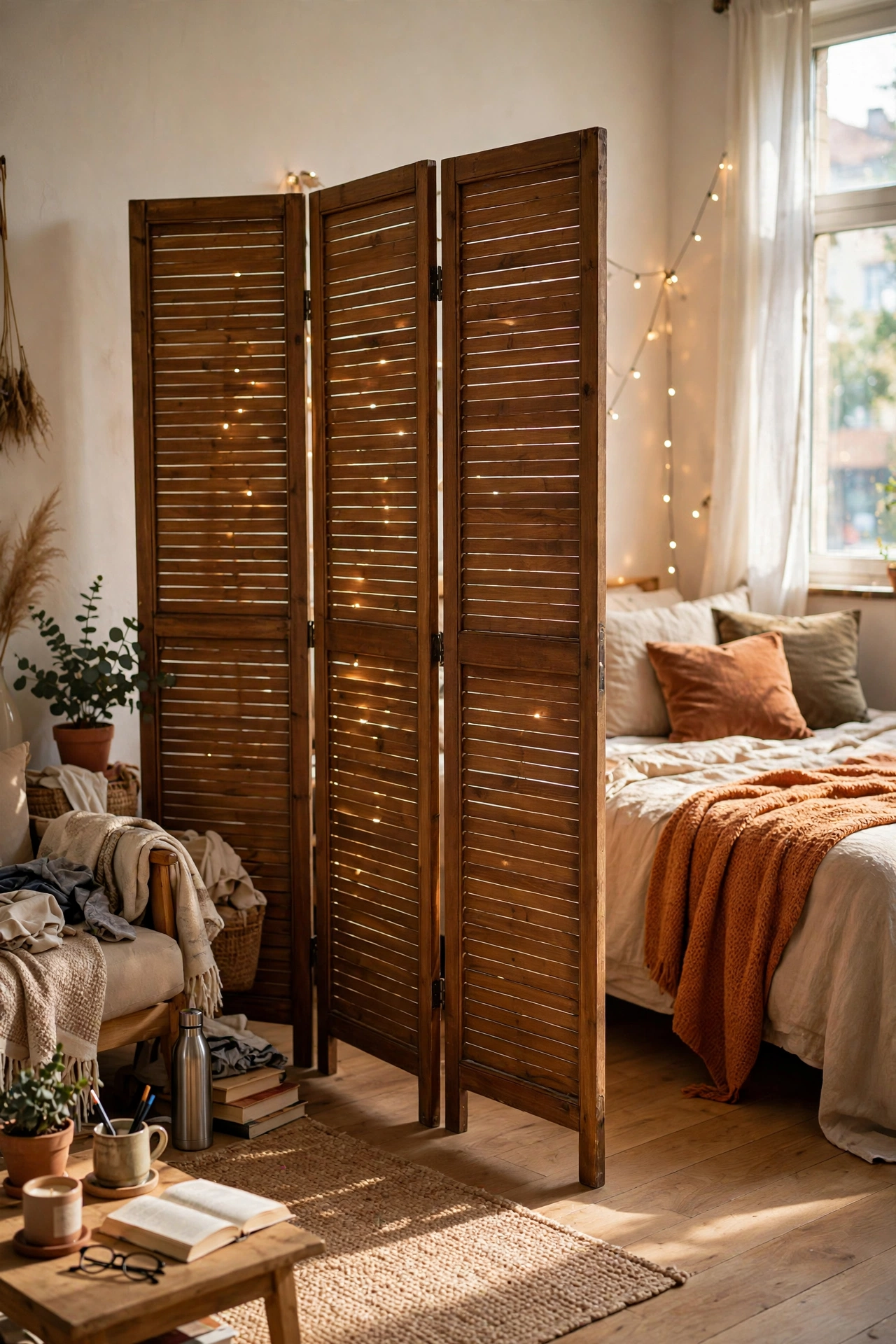 Folding room divider screen in a studio bedroom area