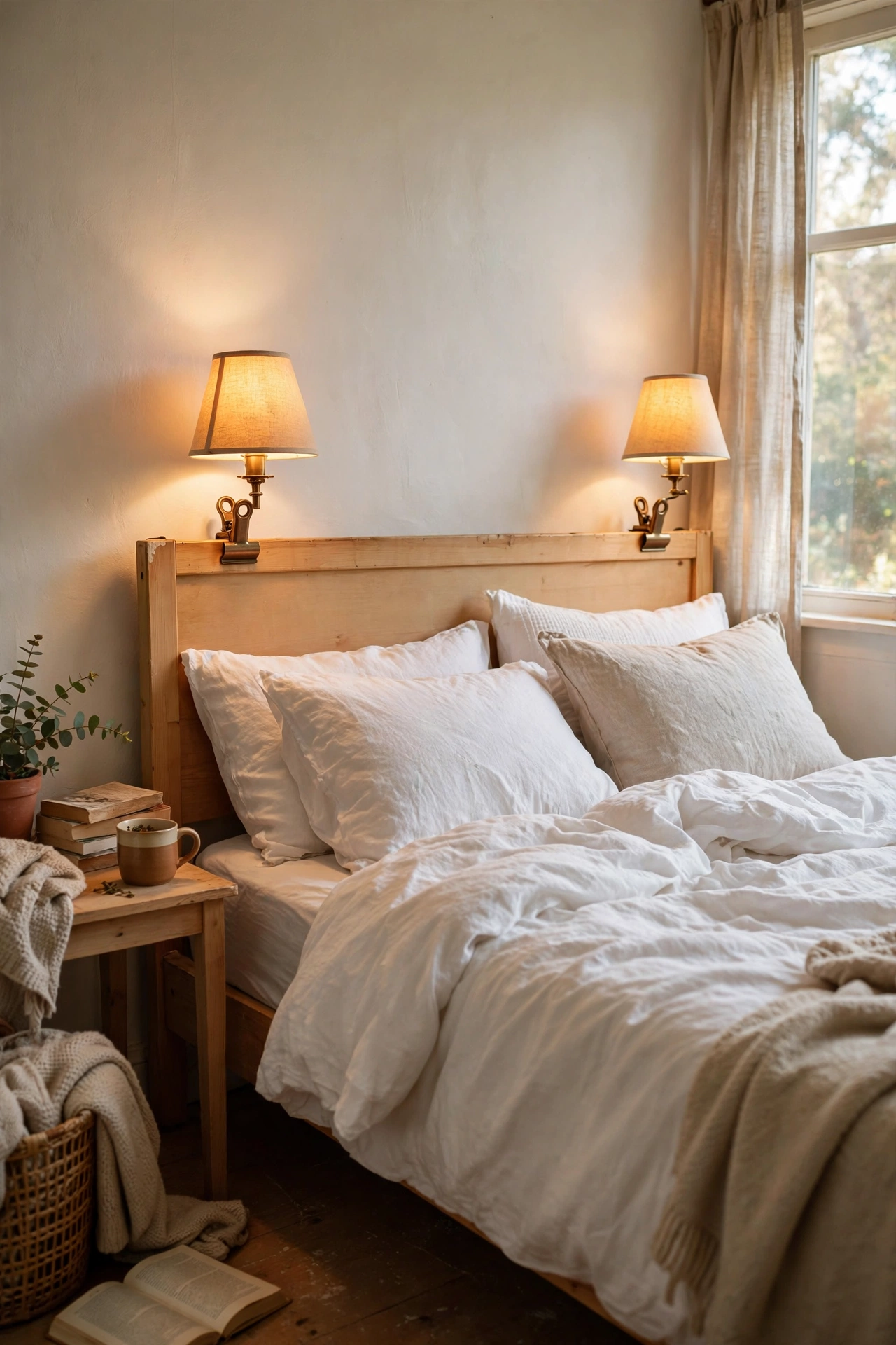 Clip-on reading lamps on a rental headboard