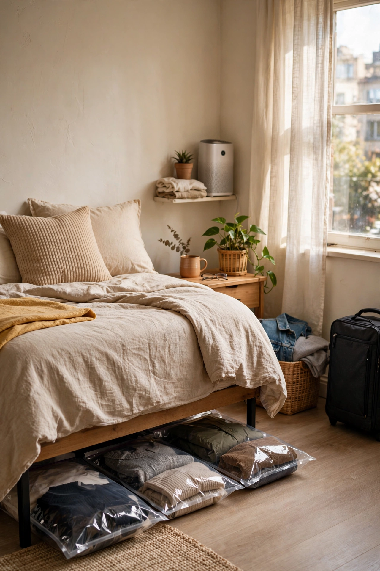 Vacuum-seal storage bags slid under a bed