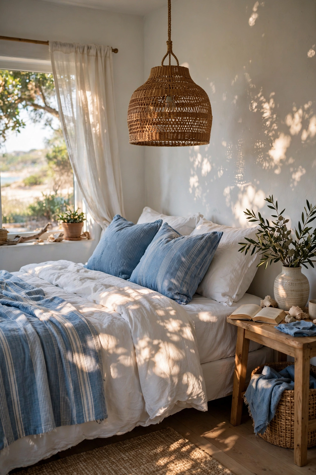 Rattan pendant light shade over a coastal bedroom