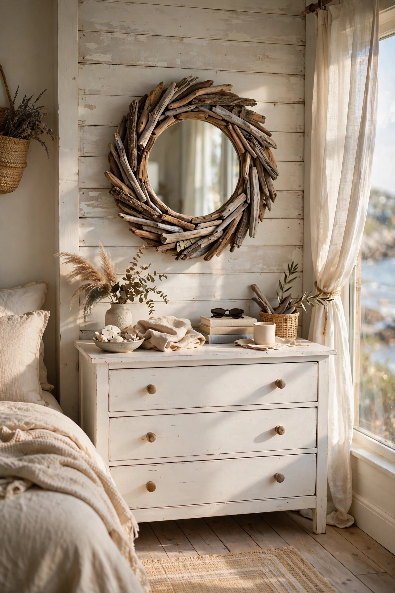 DIY driftwood mirror above a coastal dresser