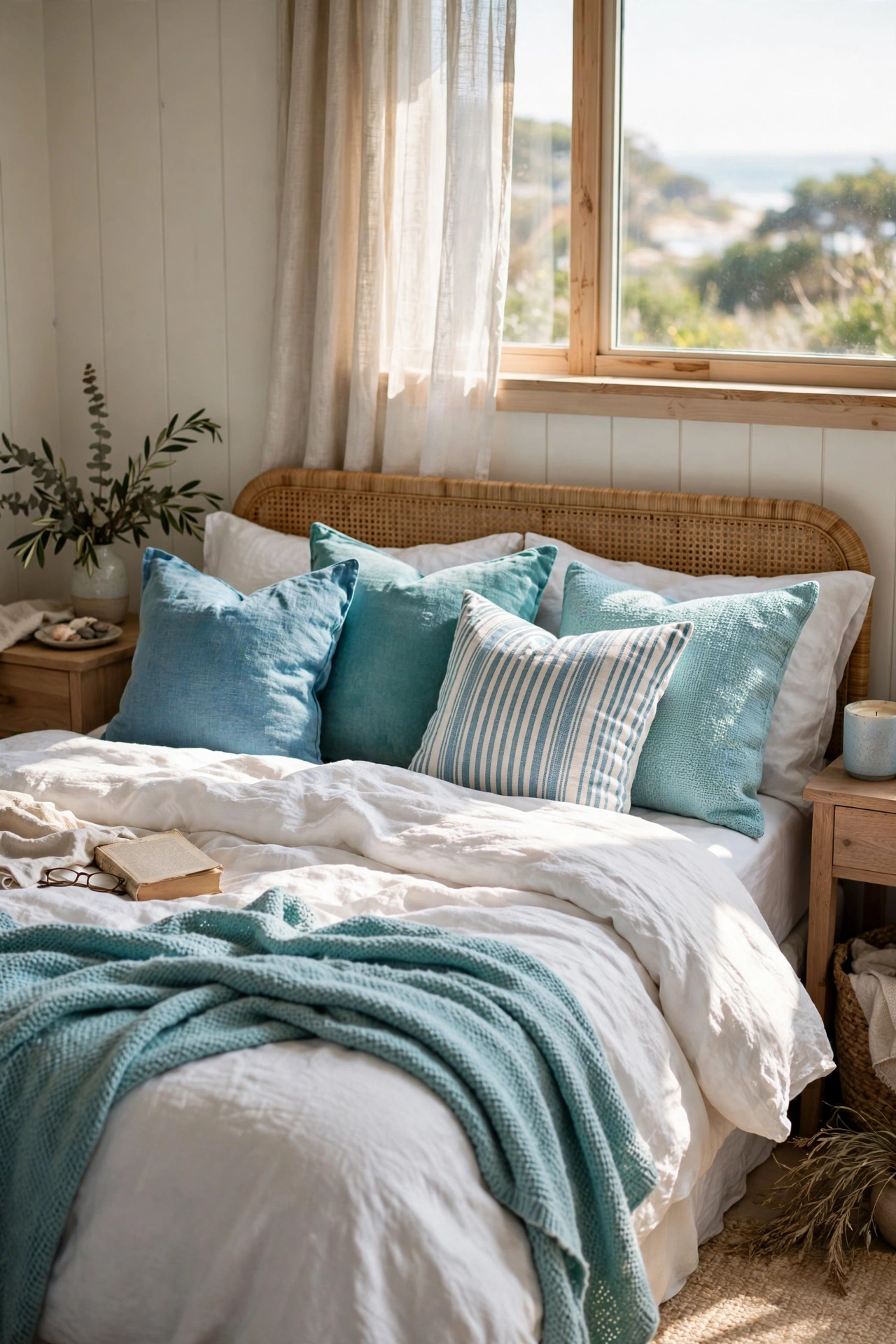 Sea-glass blue throw pillows on white bedding