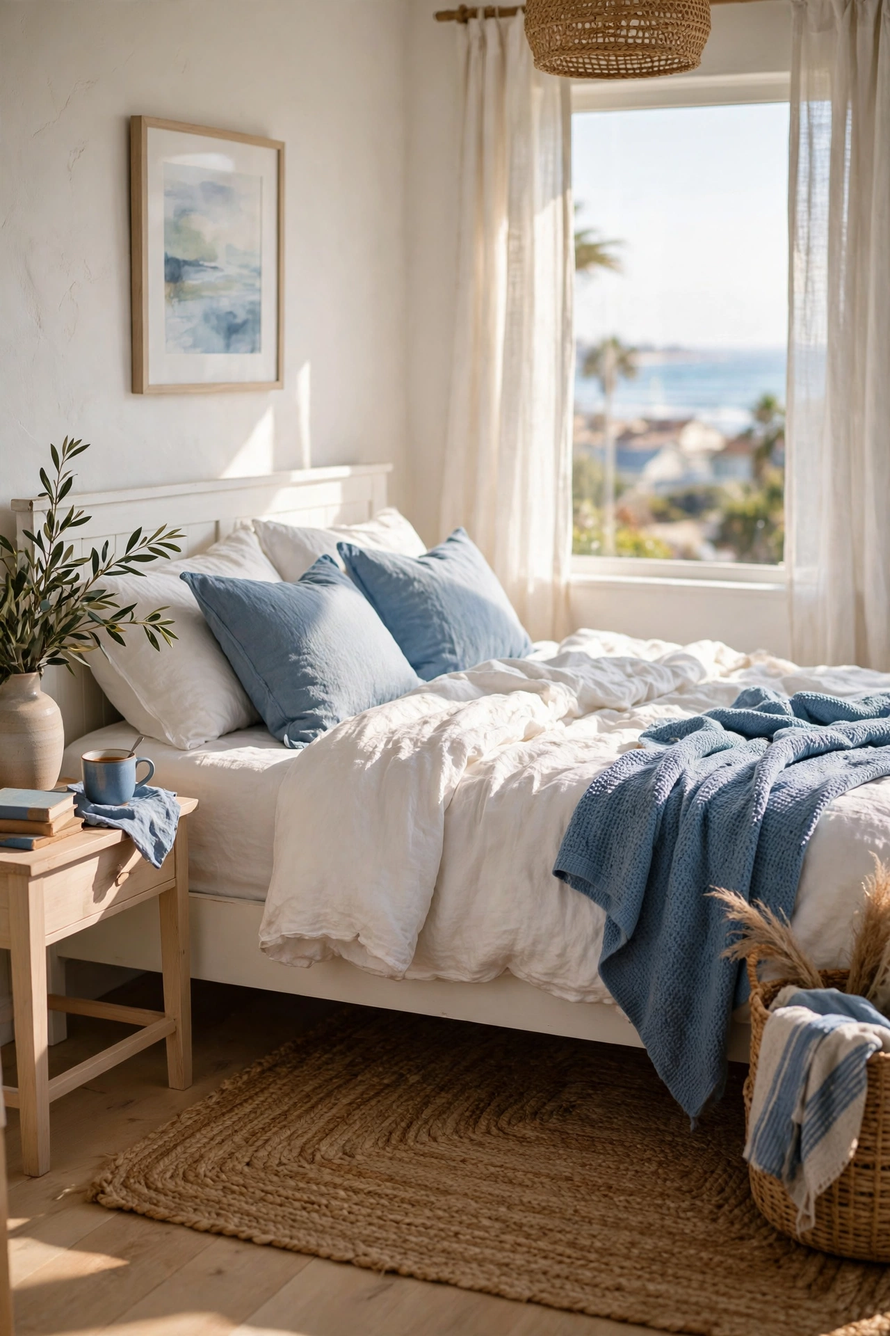 Woven jute area rug under a coastal bed